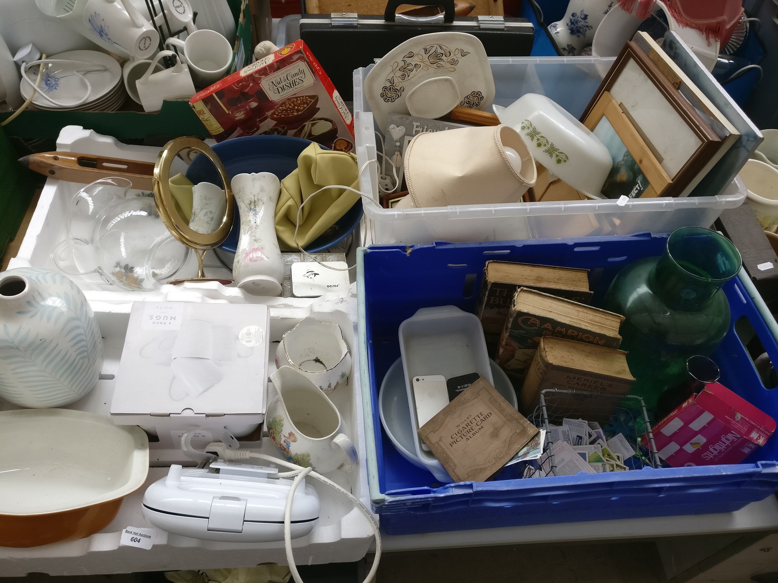 Four boxes inc pottery, books, vases, artwork, etc