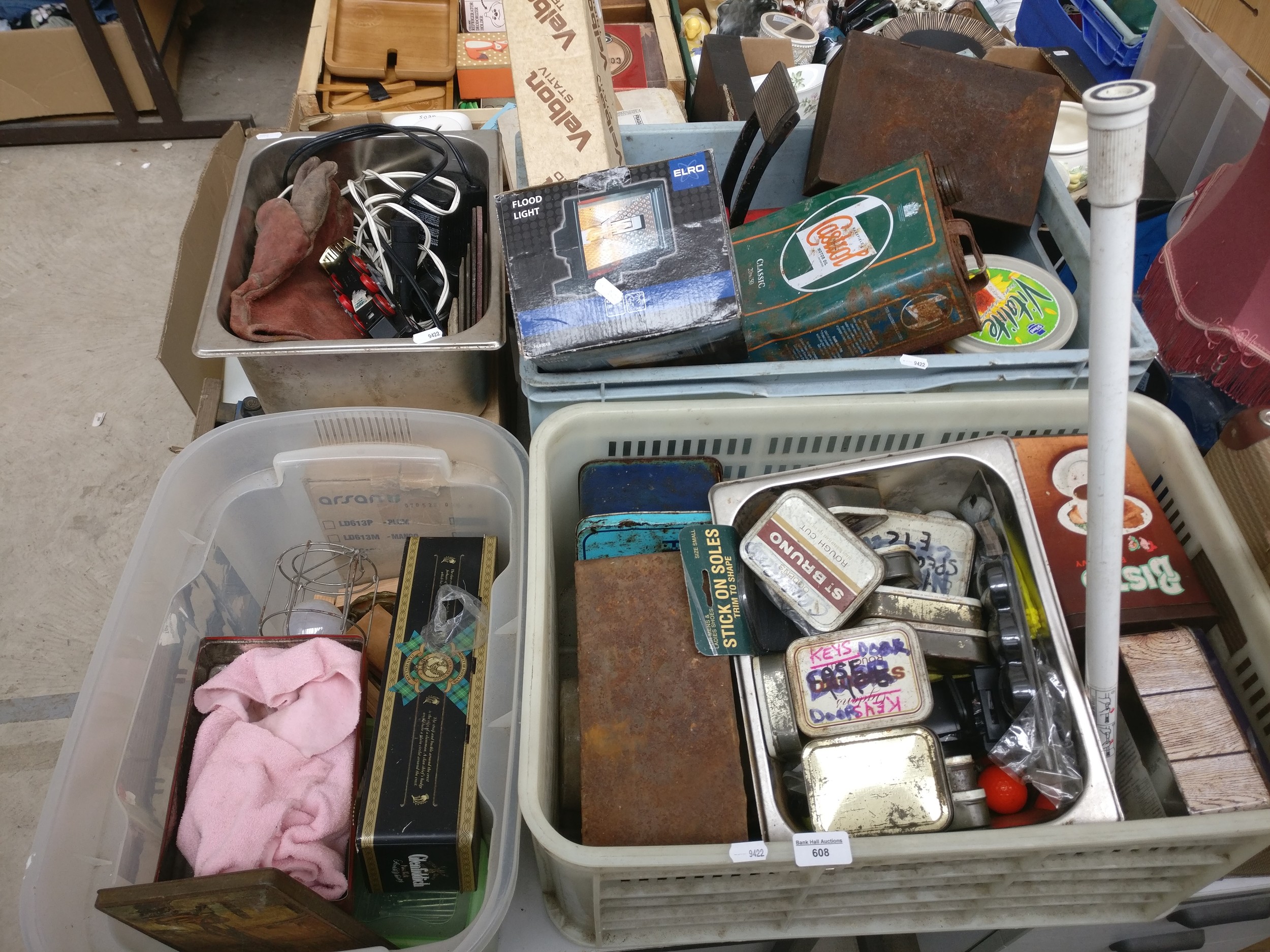 Lot inc old tins, hardware, floodlight, foot pump, etc