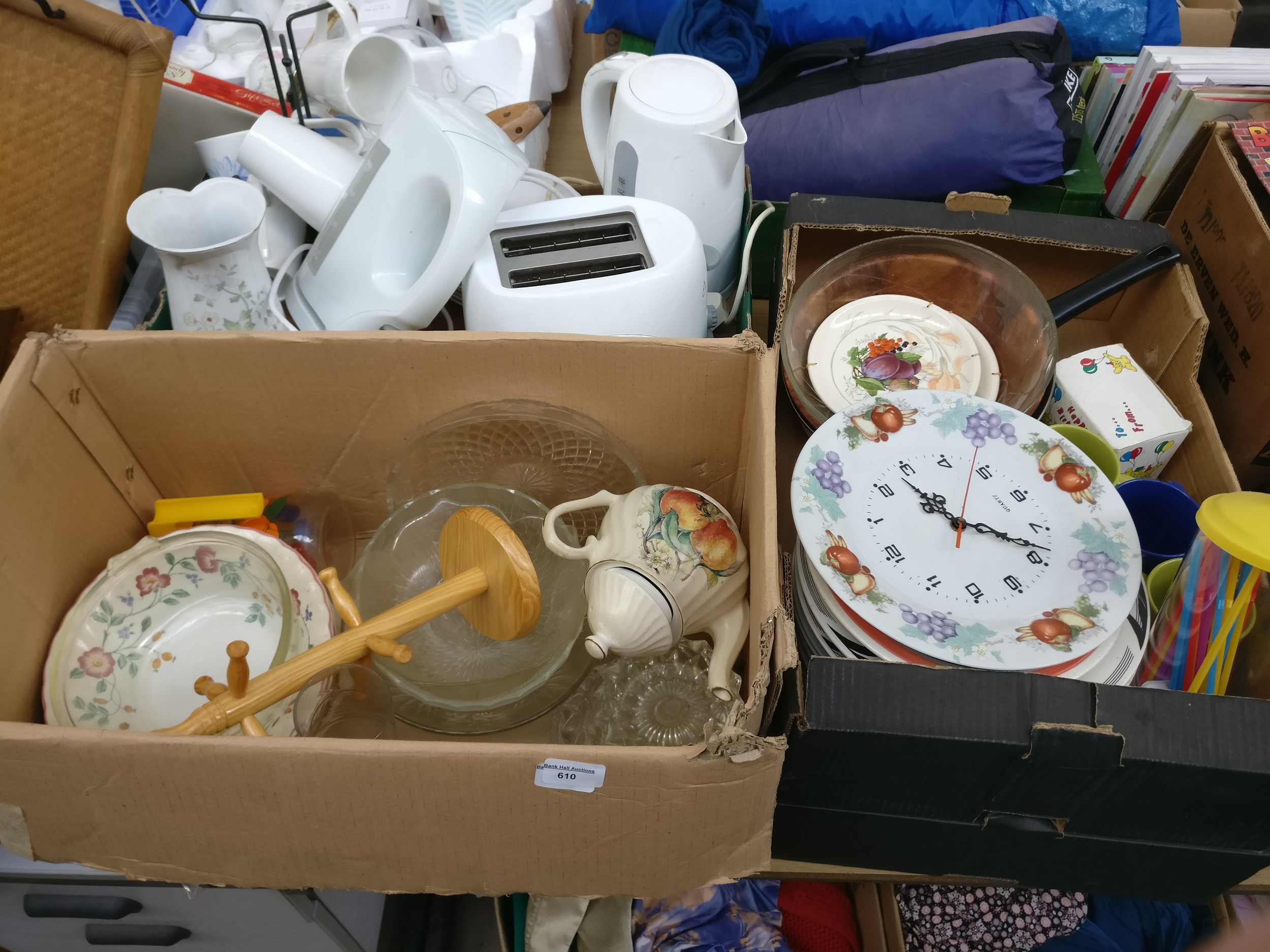 Five boxes inc crockery, toaster, kettles, clock, etc