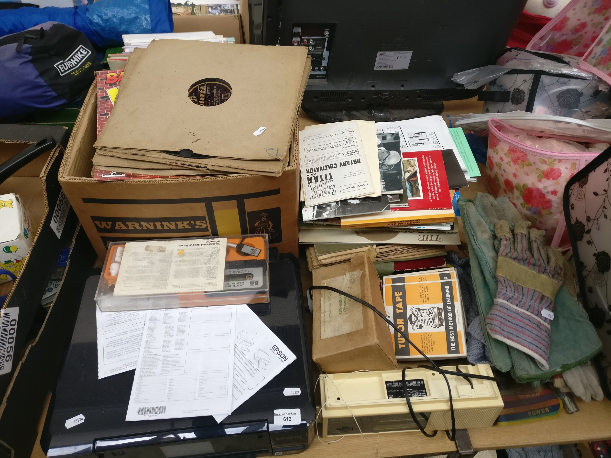 Lot inc gramophone records, gloves, printer, etc