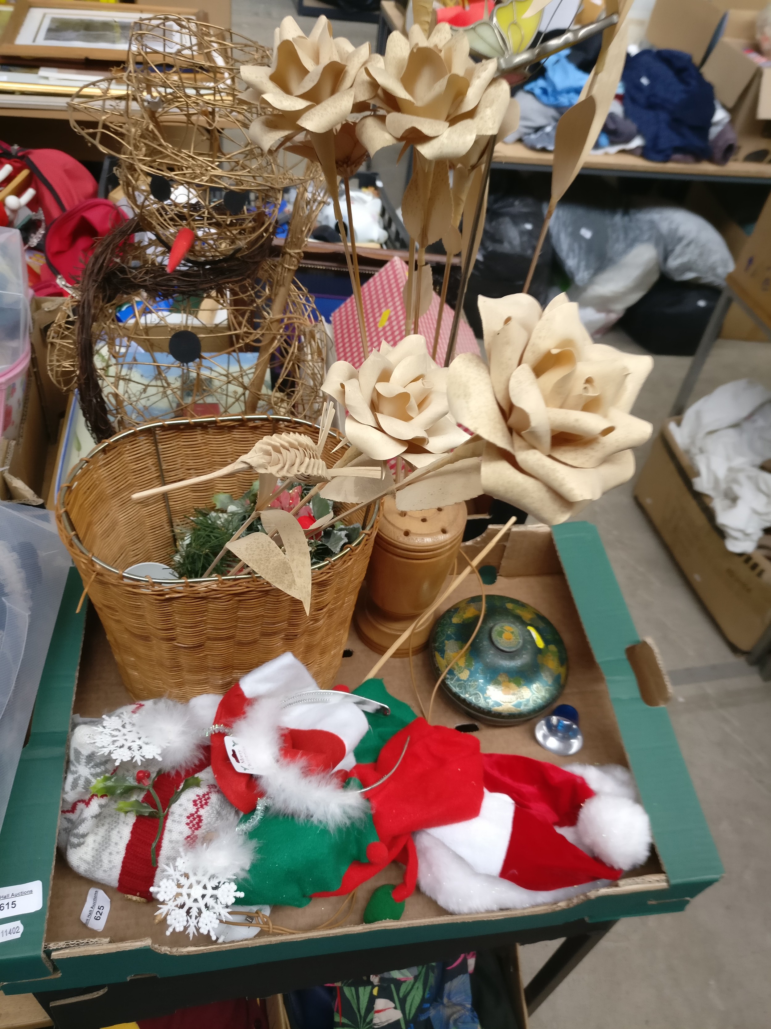 Four boxes inc glassware, crockery, Christmas items, knitting patterns, etc