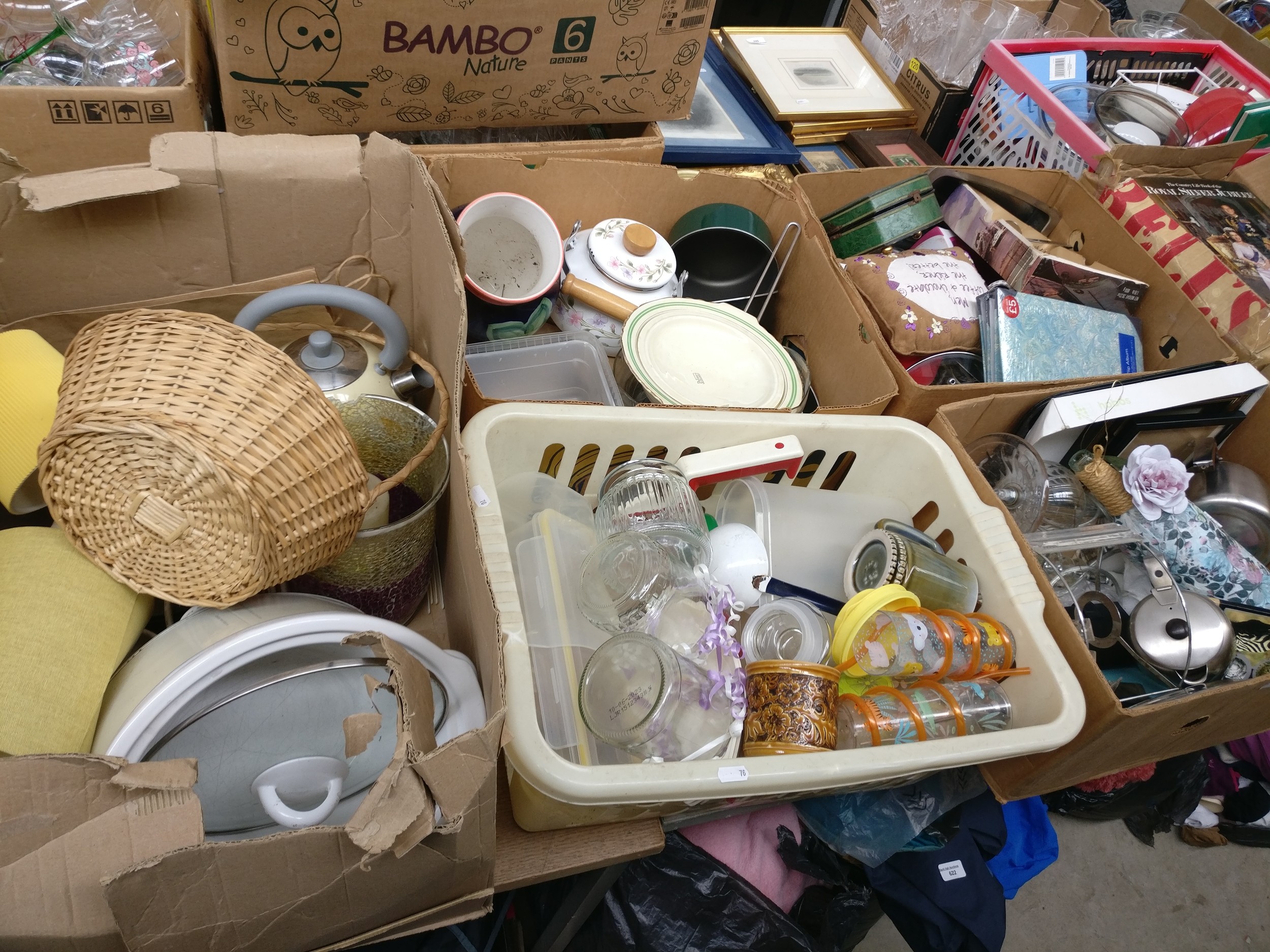 Five boxes of assorted household items