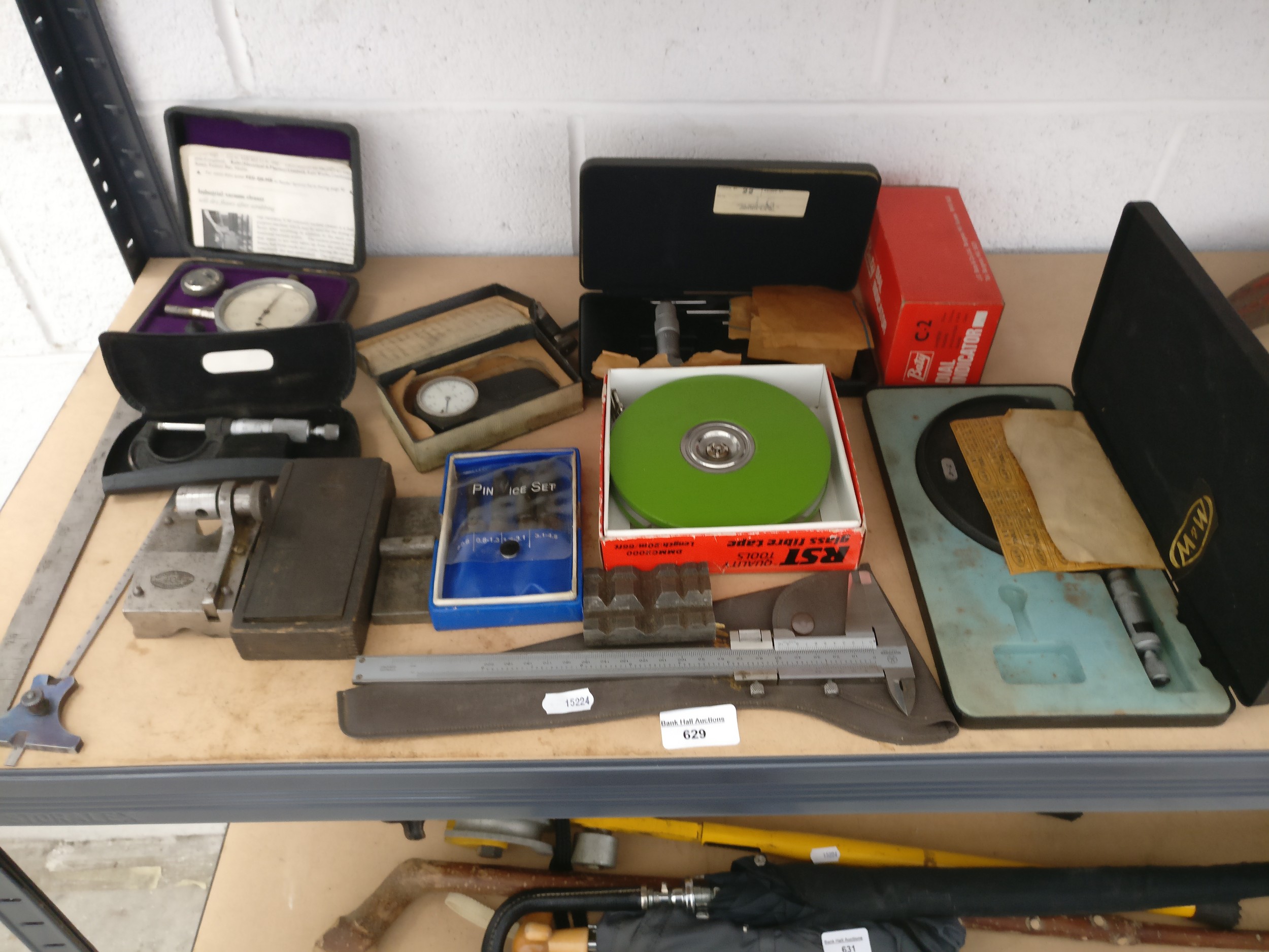Lot inc old gauges, measuring reel, dial indicator, etc