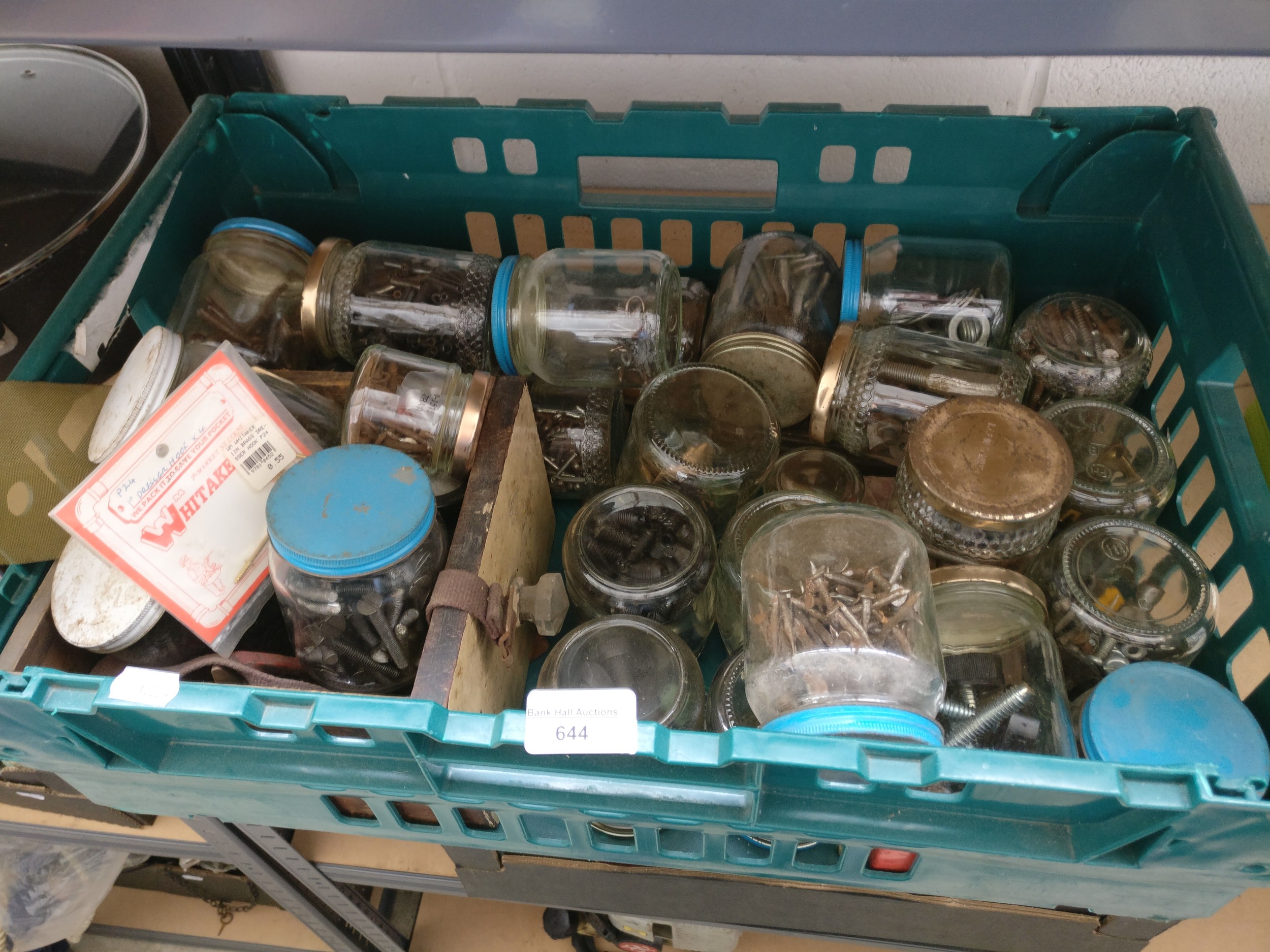 Crate of jars containing hardware