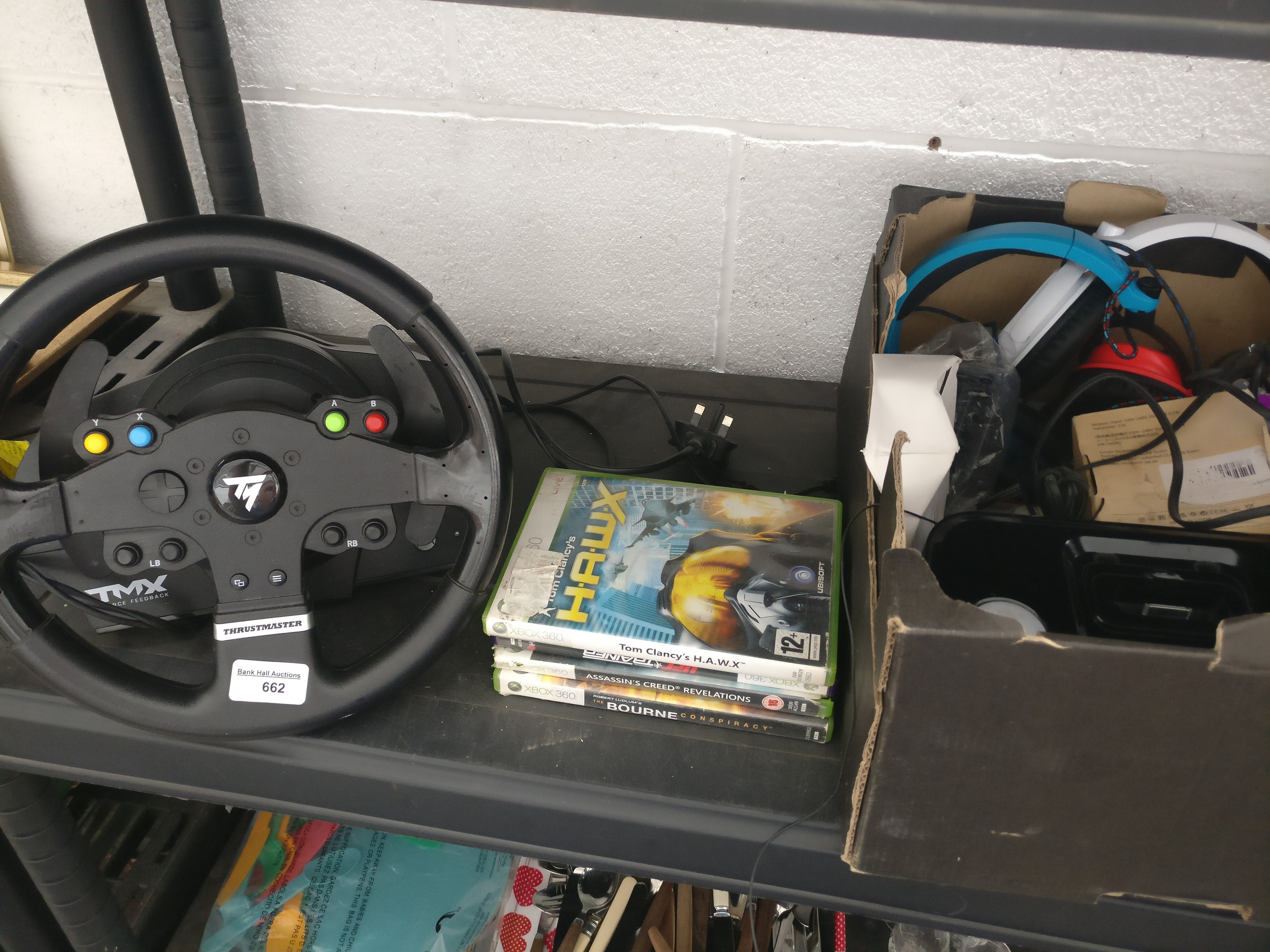 Lot inc racing steering wheel, headphones, docking station, console games, etc