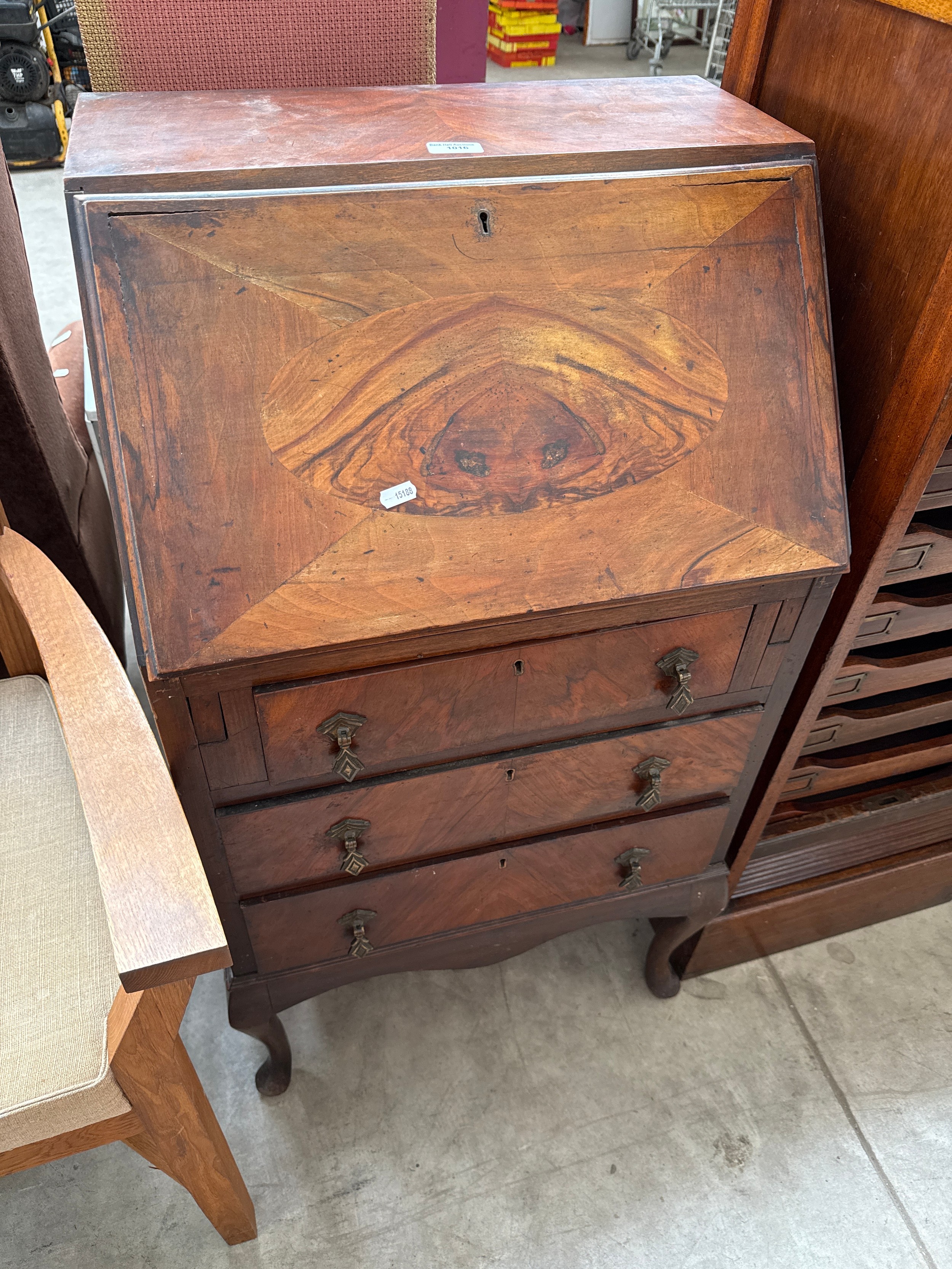 A small vintage walnut fall front 3 drawer bureau