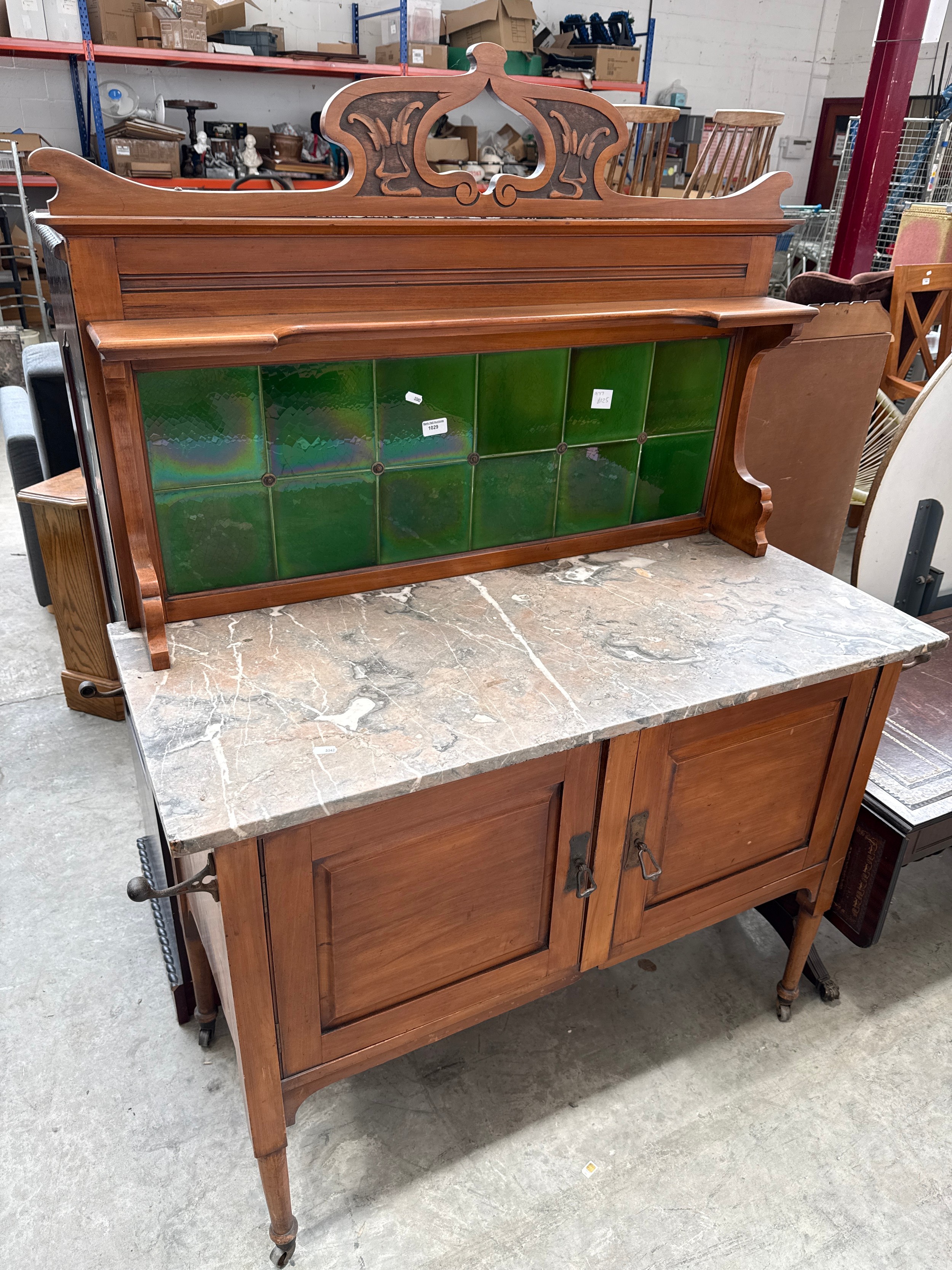 A vintage 2 door marble topped washstand cabinet with tiled upstand