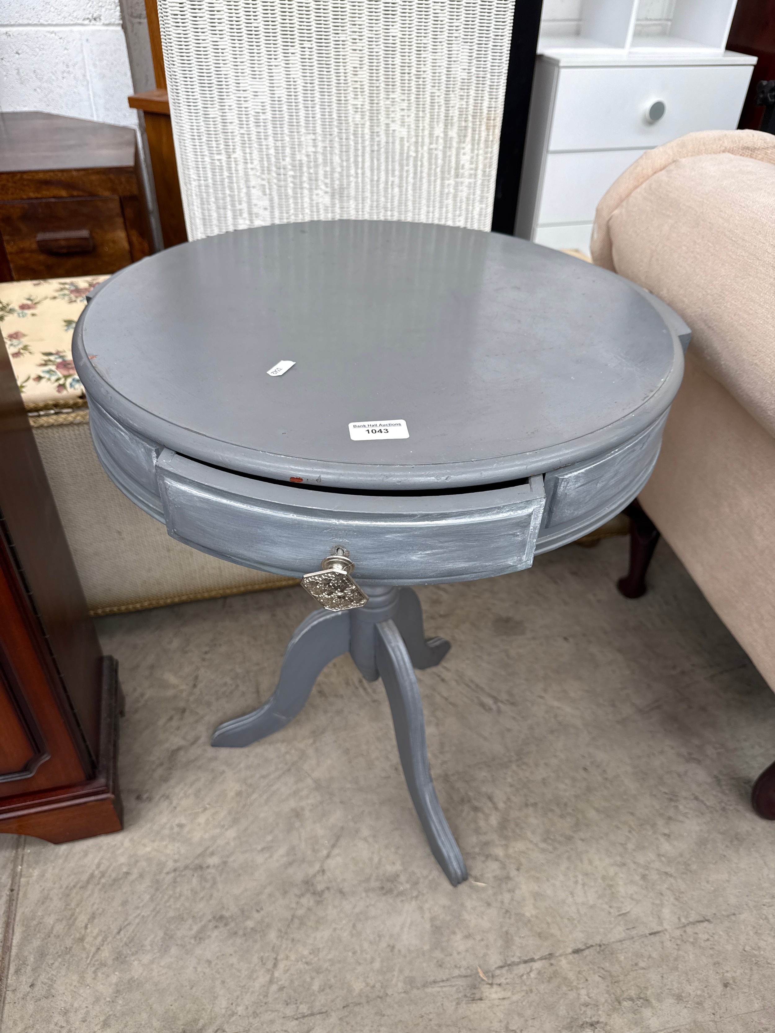 A painted vintage 3 drawer tripod drum table - as found