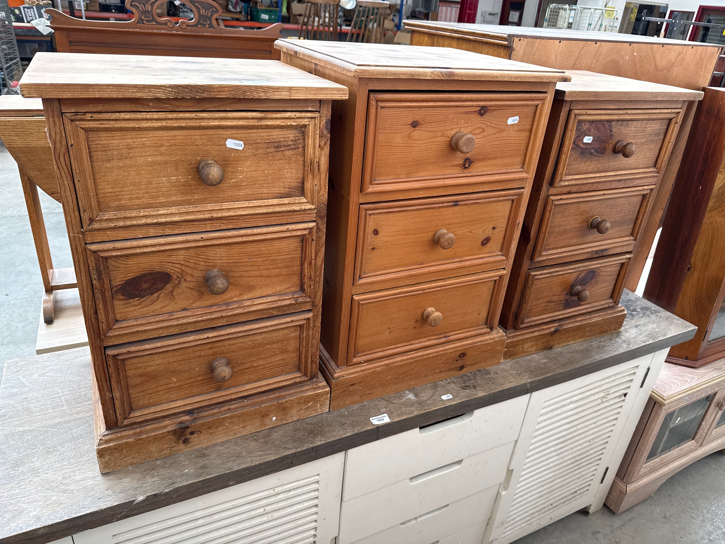 3 x small vintage 3 drawer pine chests