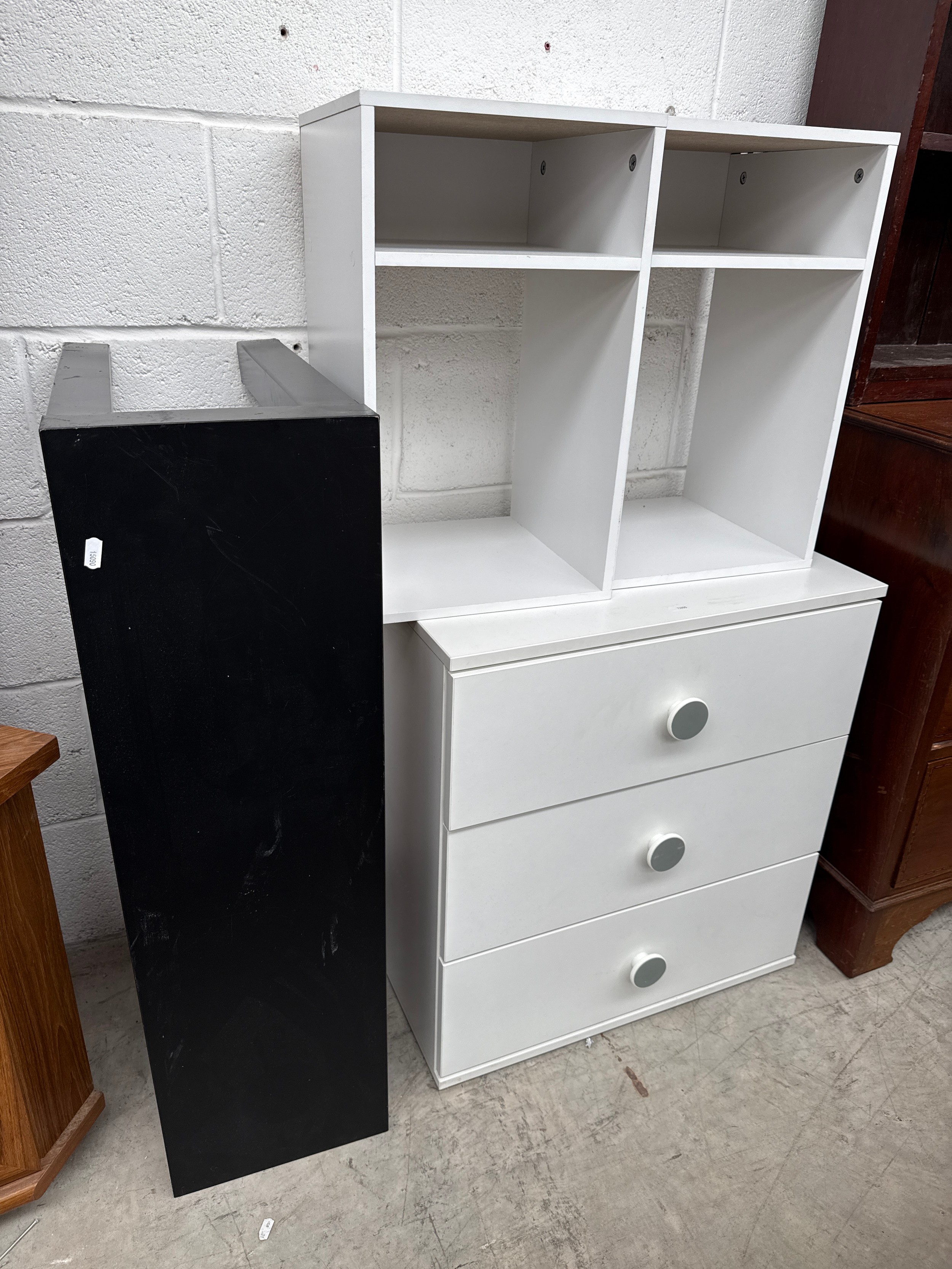 A small white 3 drawer chest, 2 x bedside stands and an IKEA LACK coffee table