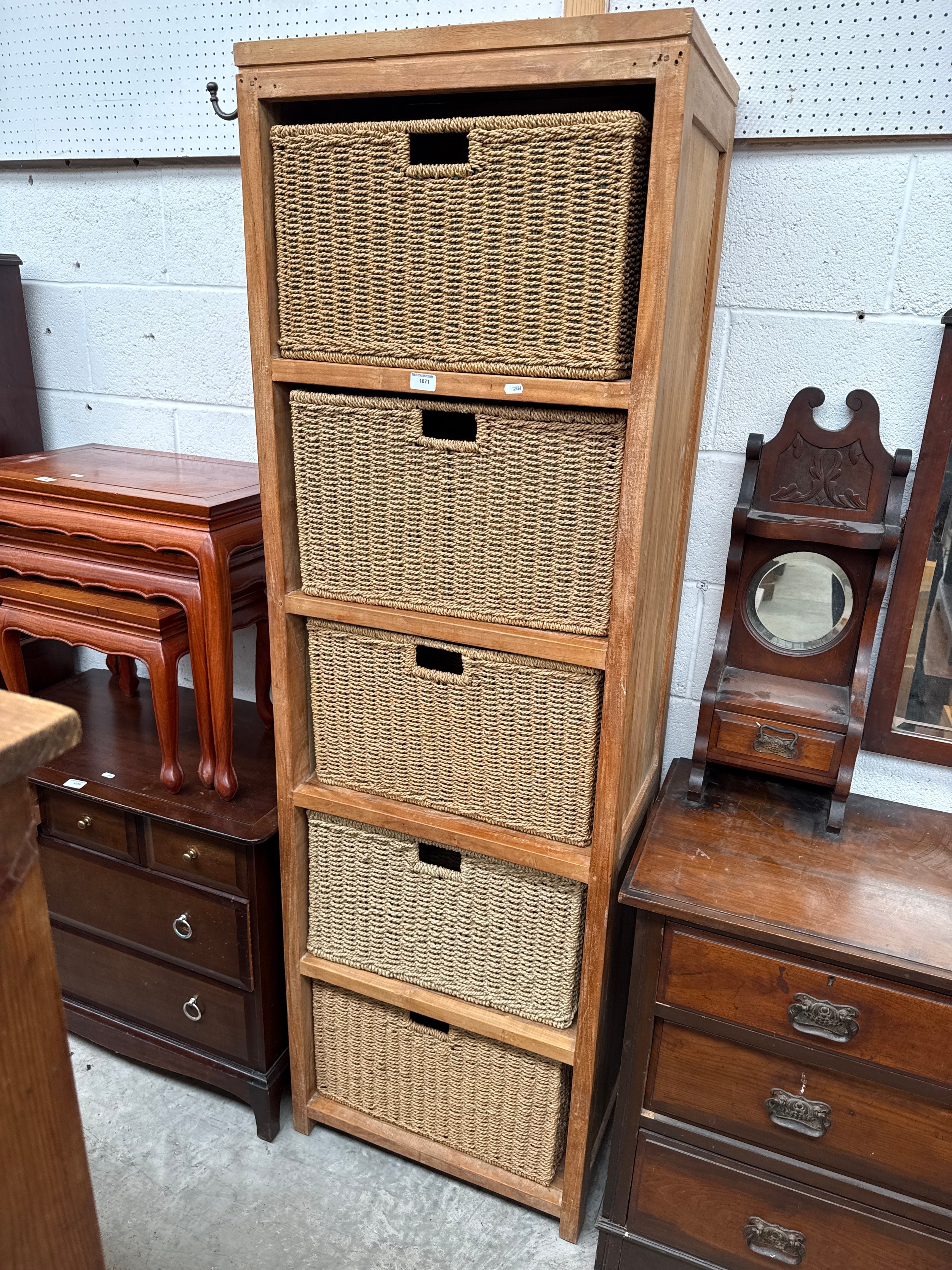 A large hardwood framed storage unit with 5 x basket drawers