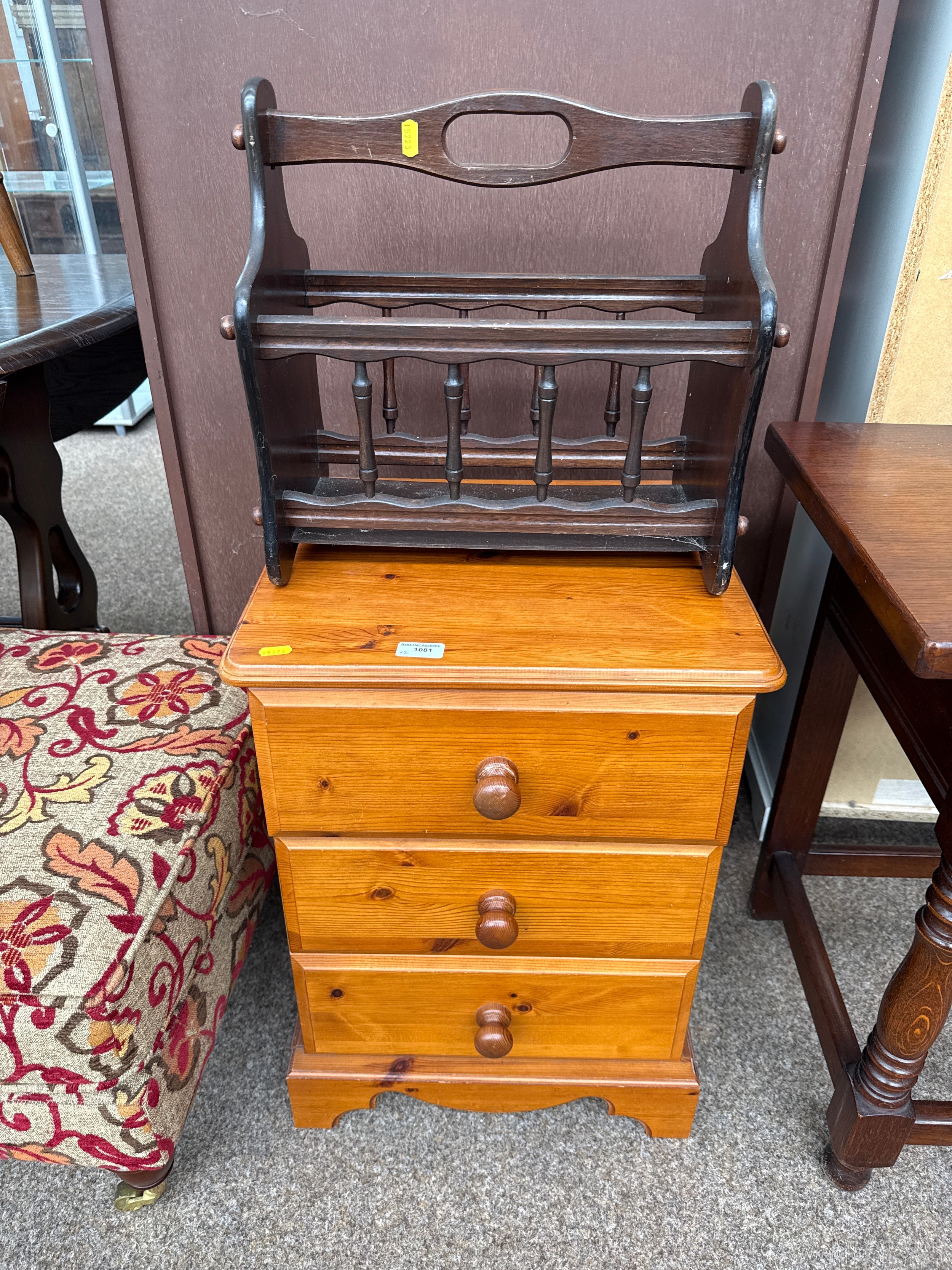 A small 3 drawer pine chest and a vintage magazine rack