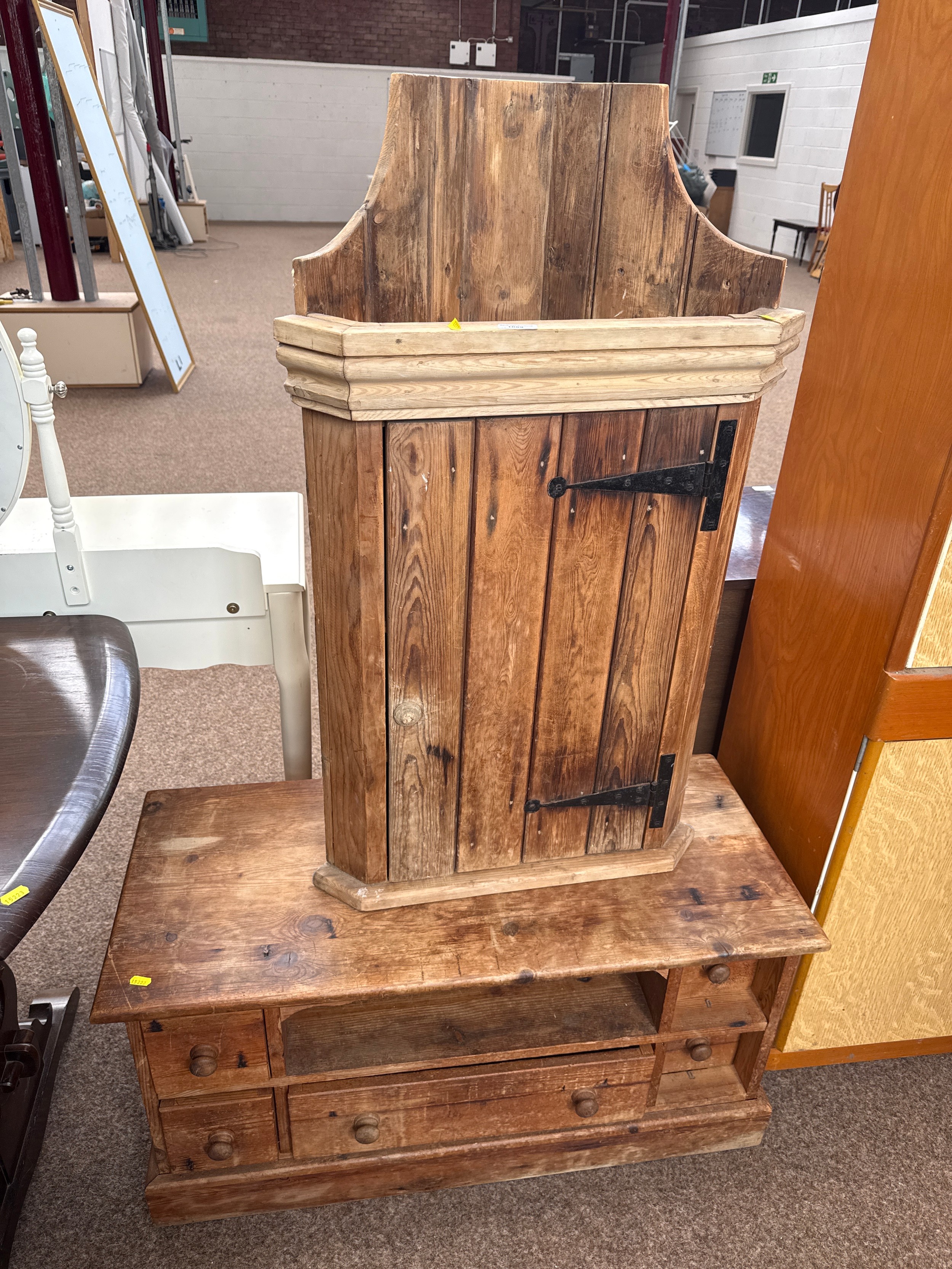 A small vintage stripped wooden corner cabinet - a/f handle