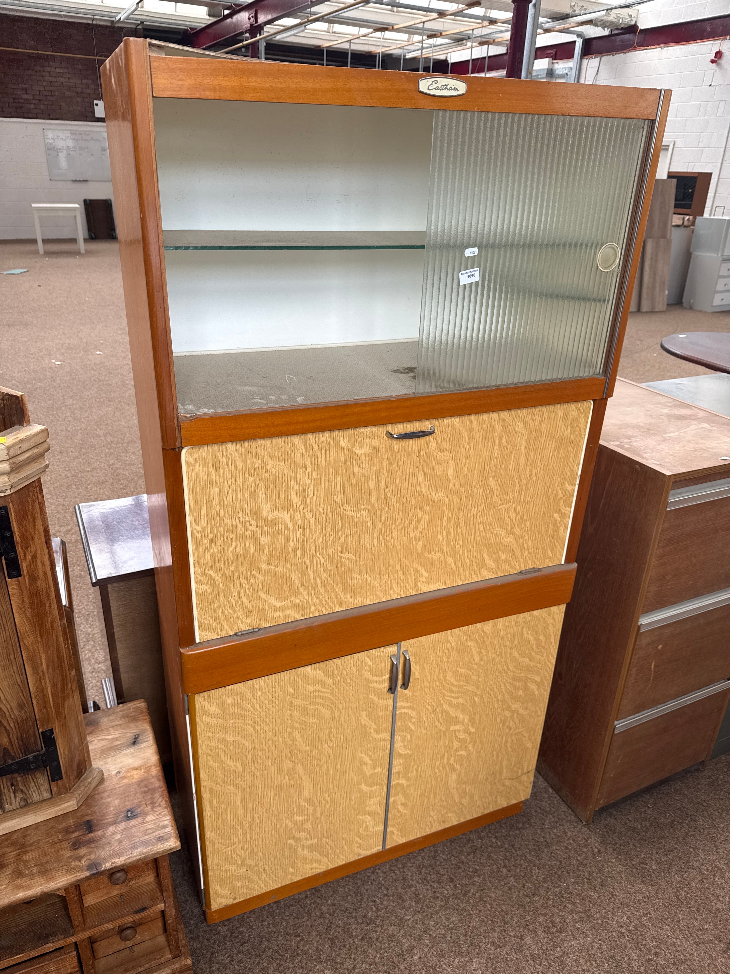 A vintage fall front Kitchenette unit - single upper sliding glass door