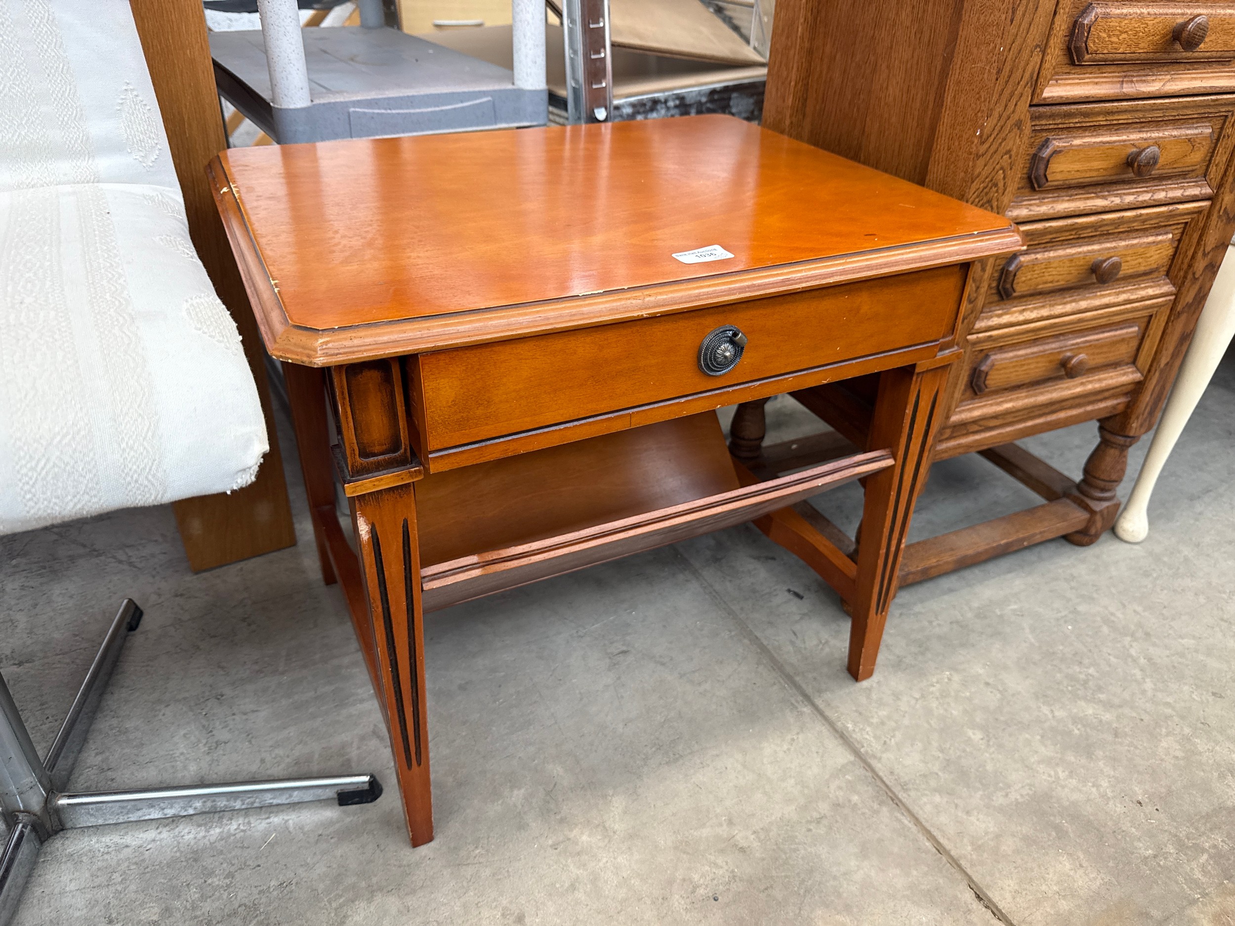 A small vintage lamp table stand with drawer and magazine rack - a/f handle