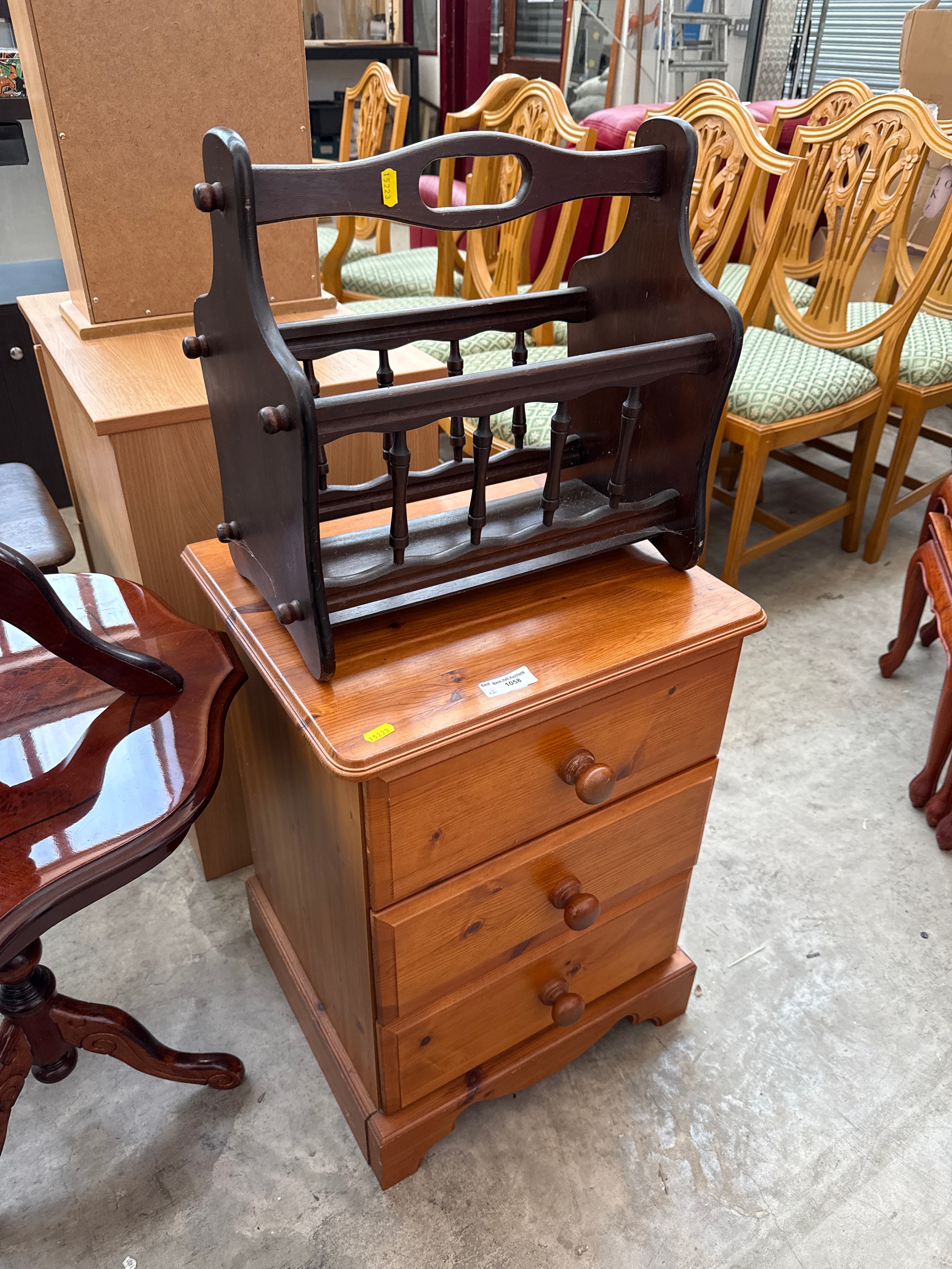 A small vintage 3 drawer pine chest and a magazine rack