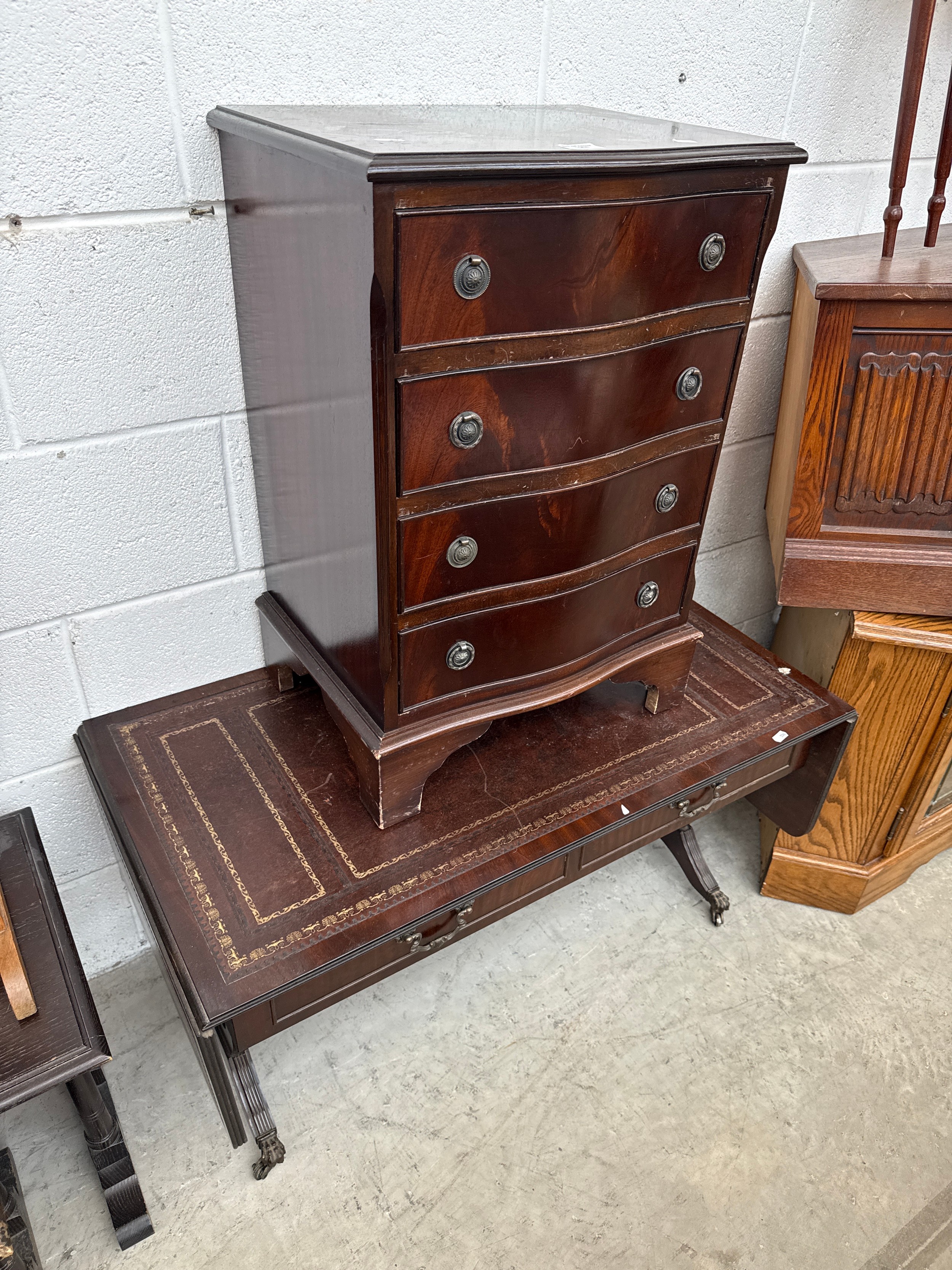A vintage mahogany leather topped drop leaf Sofa table and a small vintage