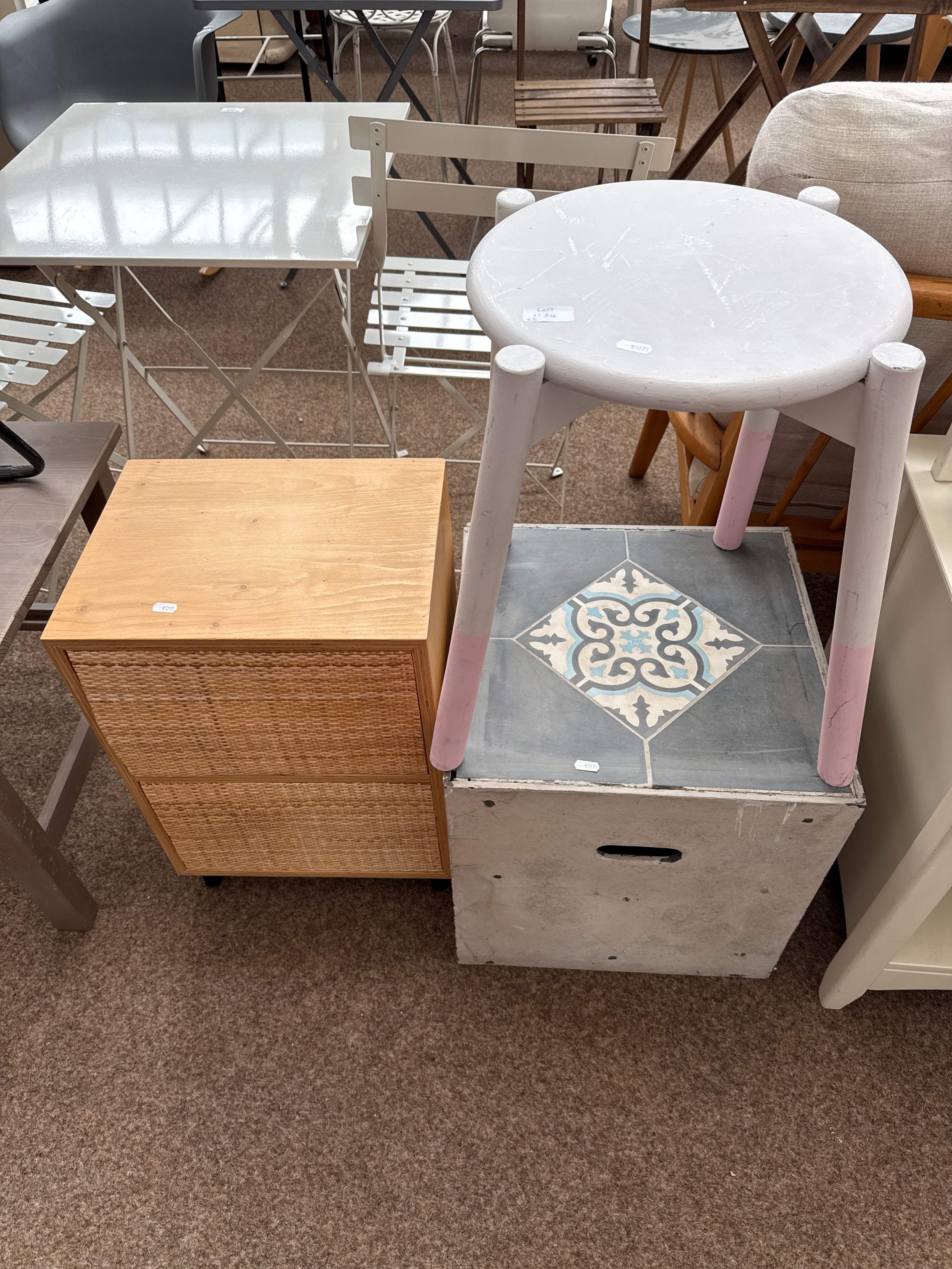 3 x assorted items including wooden boxes and a stool