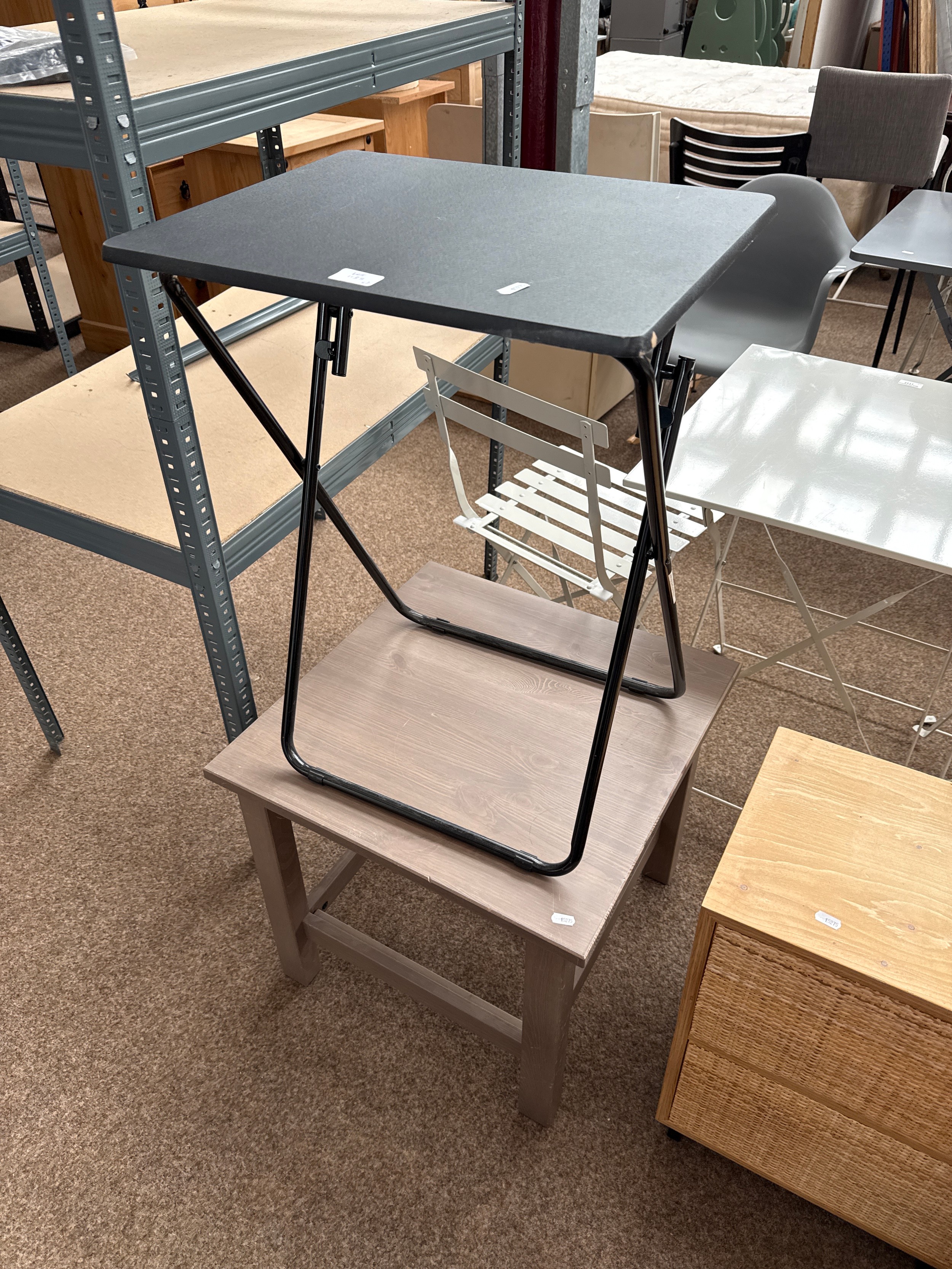 A square wooden side table and a folding table, both as new, never used (2)