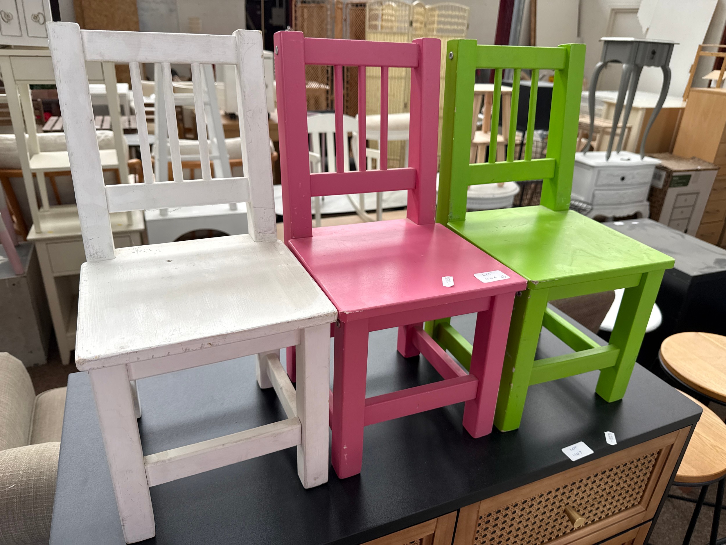 Three miniature children's' chairs, all as new, never used (2)