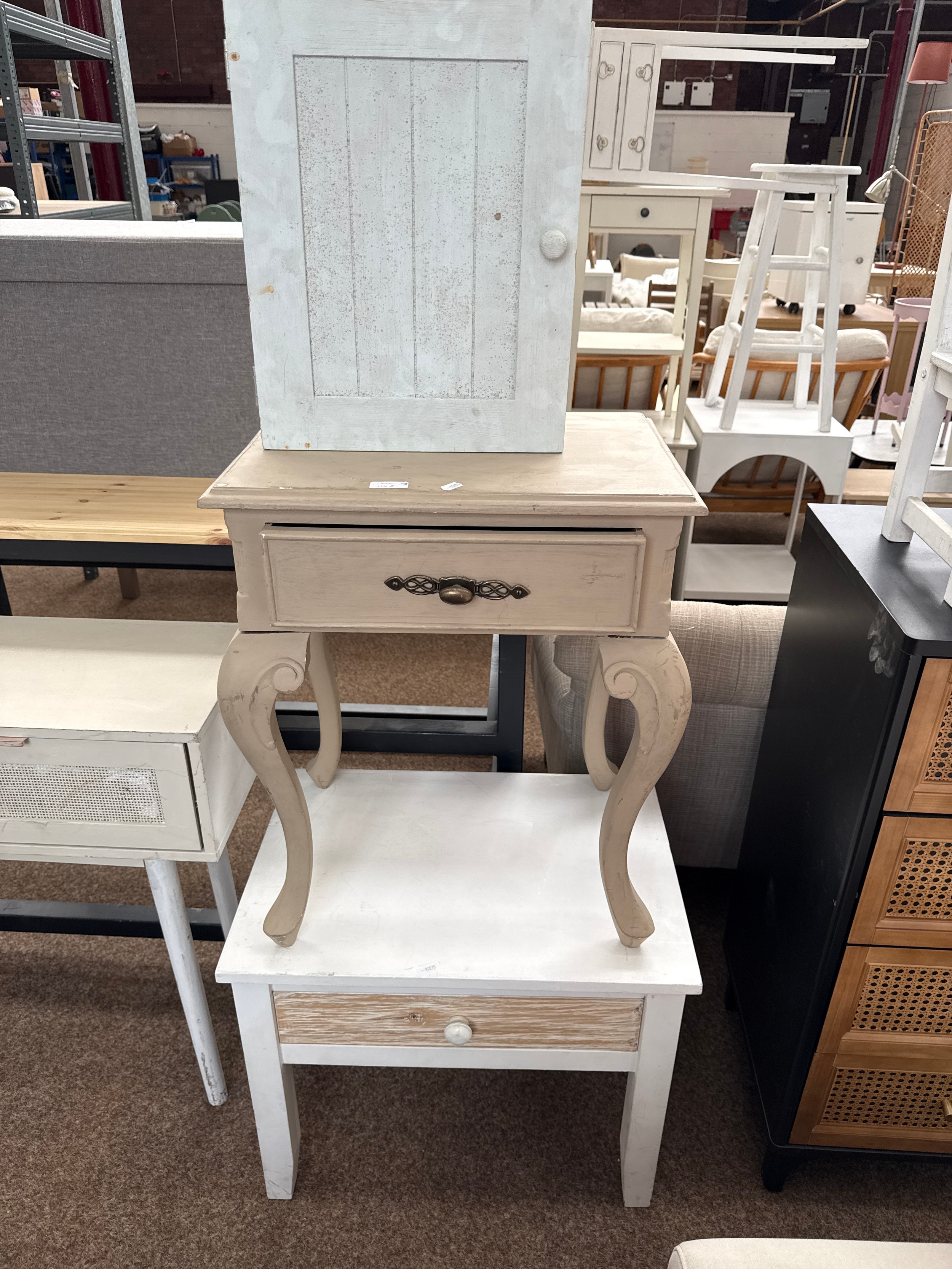 2 x painted vintage tables and a small pine cupboard, all as new, never used (3)