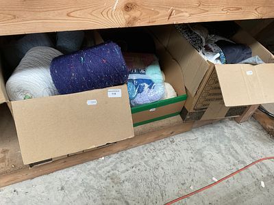 Three boxes inc wool, threads and fabrics
