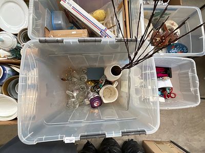 Four boxes inc pottery, glassware, wool, etc
