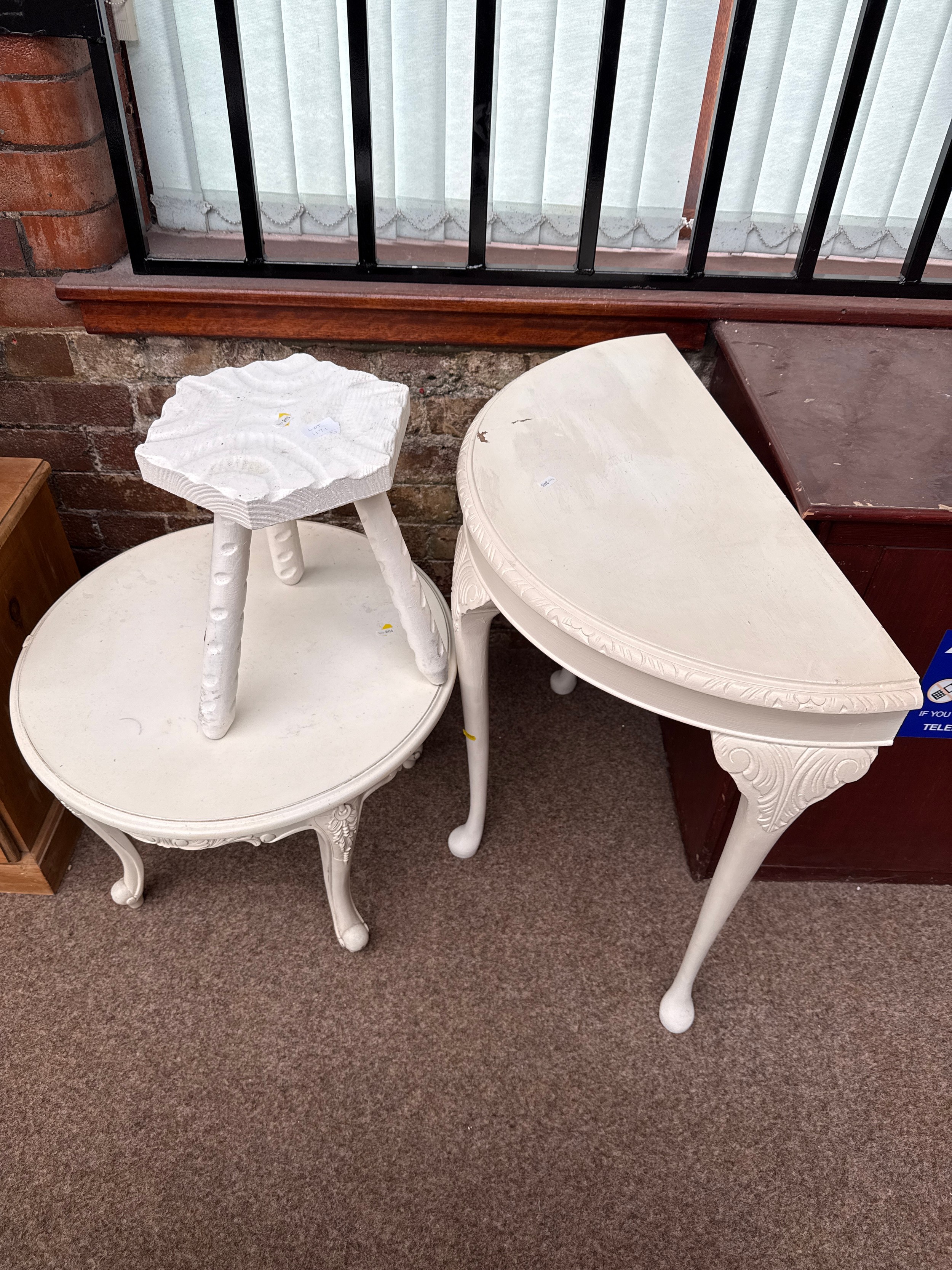 2 x small painted vintage tables and a vintage stool