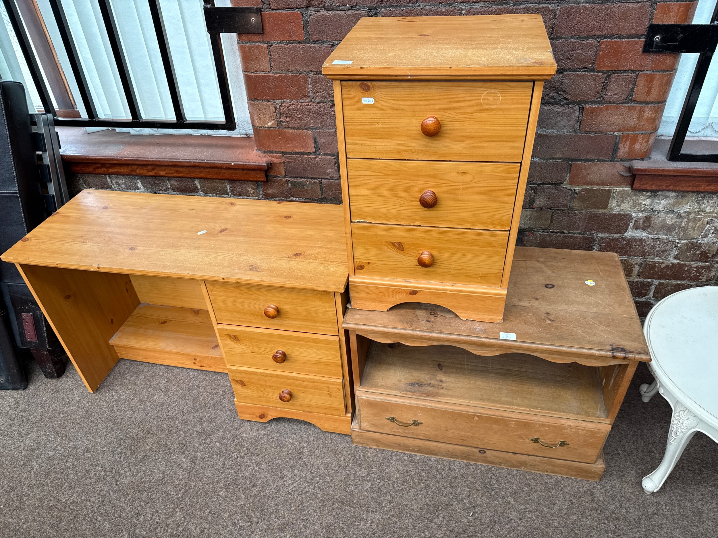 A small 3 drawer dressing table, a 3 drawer chest and a pine base unit/TV stand