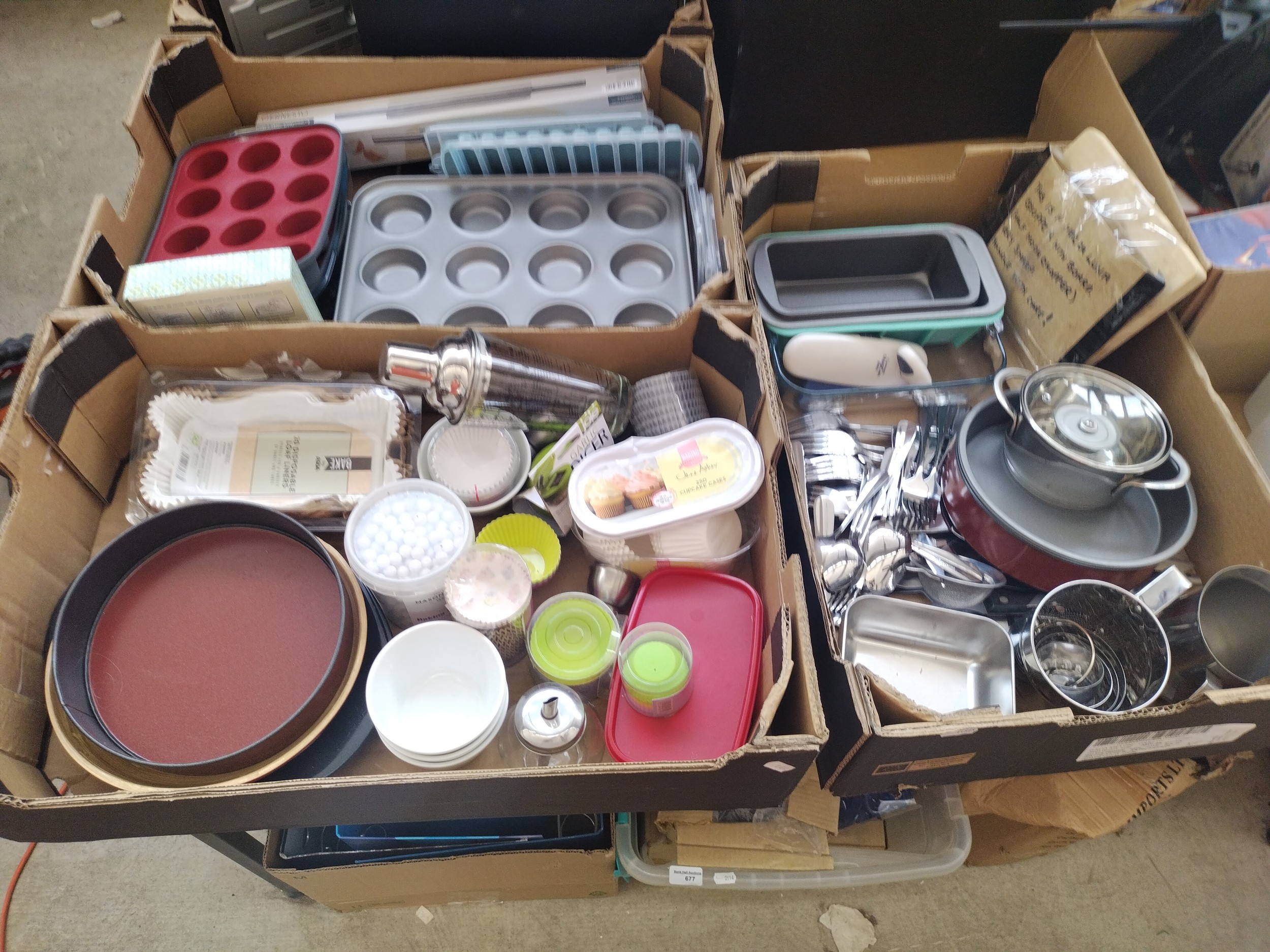 Three boxes inc baking items and cutlery