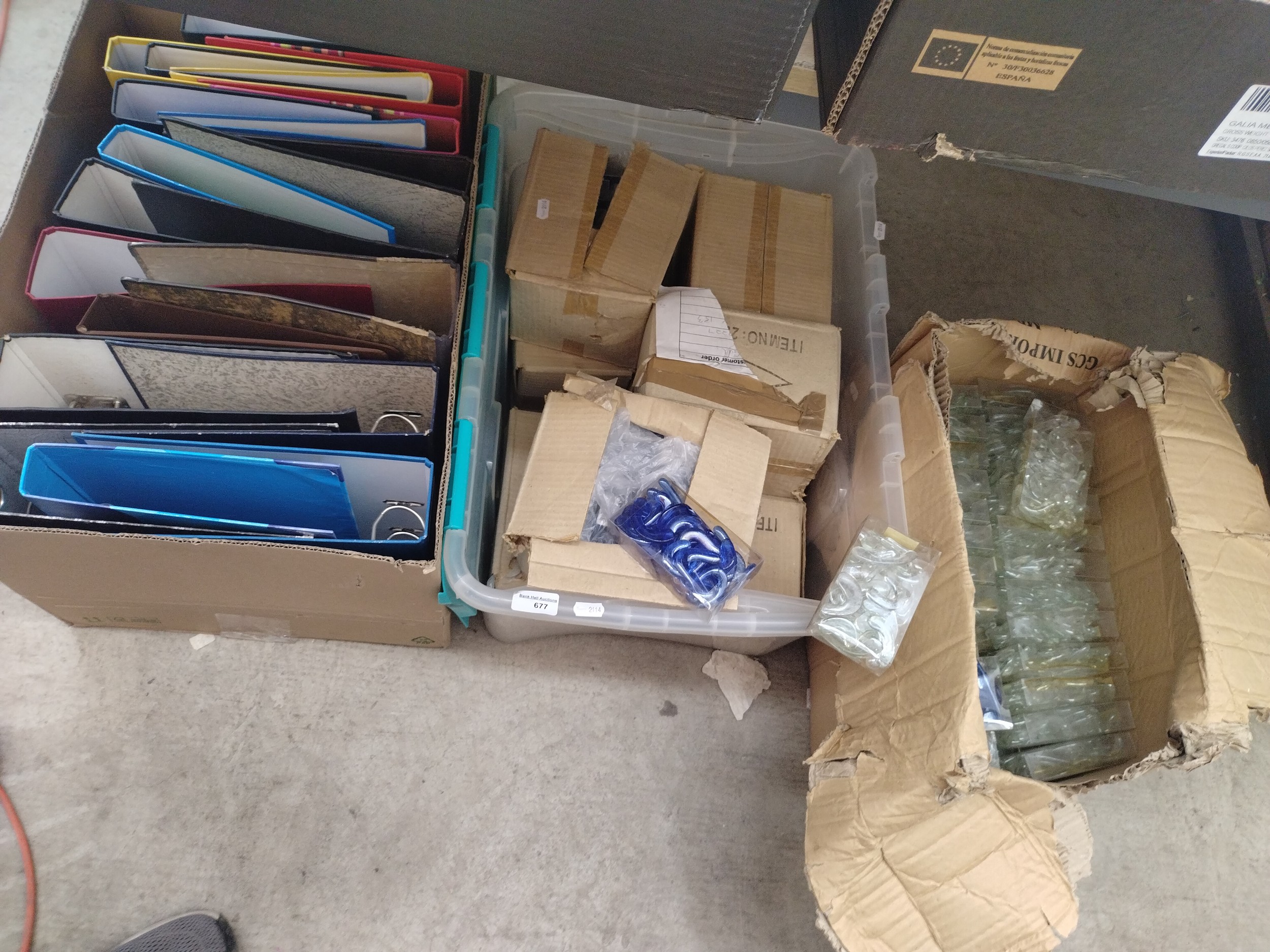 Two boxes of decorative glass stones and box of files