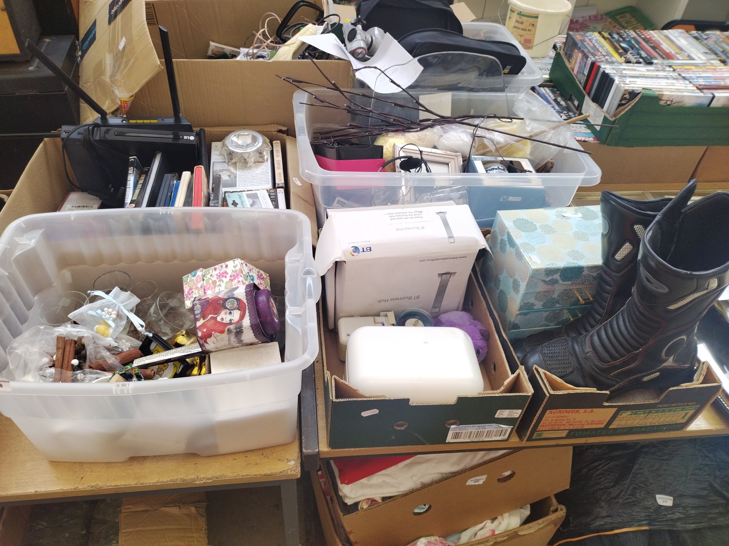 Lot inc DVDs, biker boots, wool, BT business hub, glasses, etc