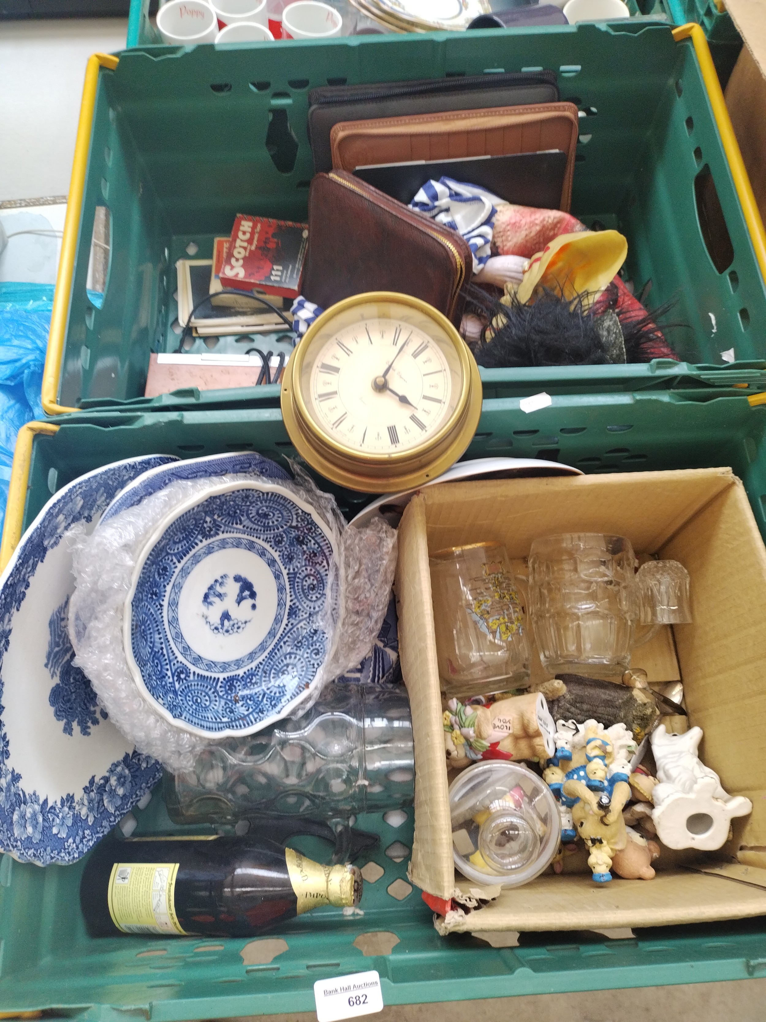 Two boxes inc masks, porthole clock, ornaments, blue & white pottery, etc