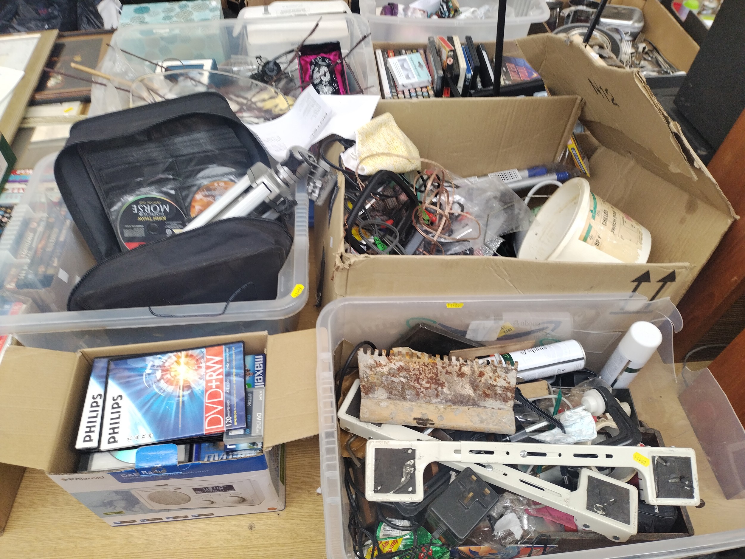Lot inc CDs, hardware, tripod stand, DVDs, cables, etc