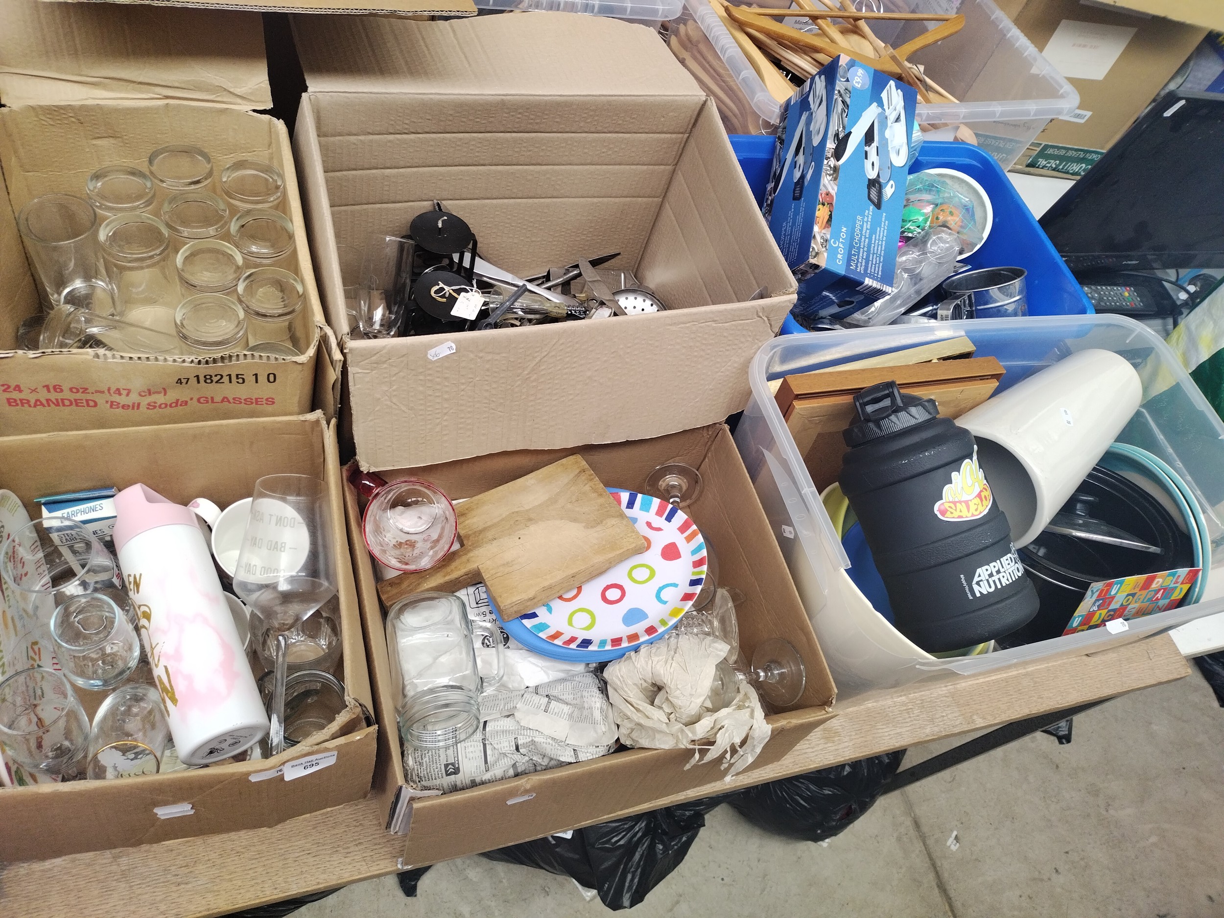 Six boxes inc glassware, cutlery, flask, multi chopper, etc