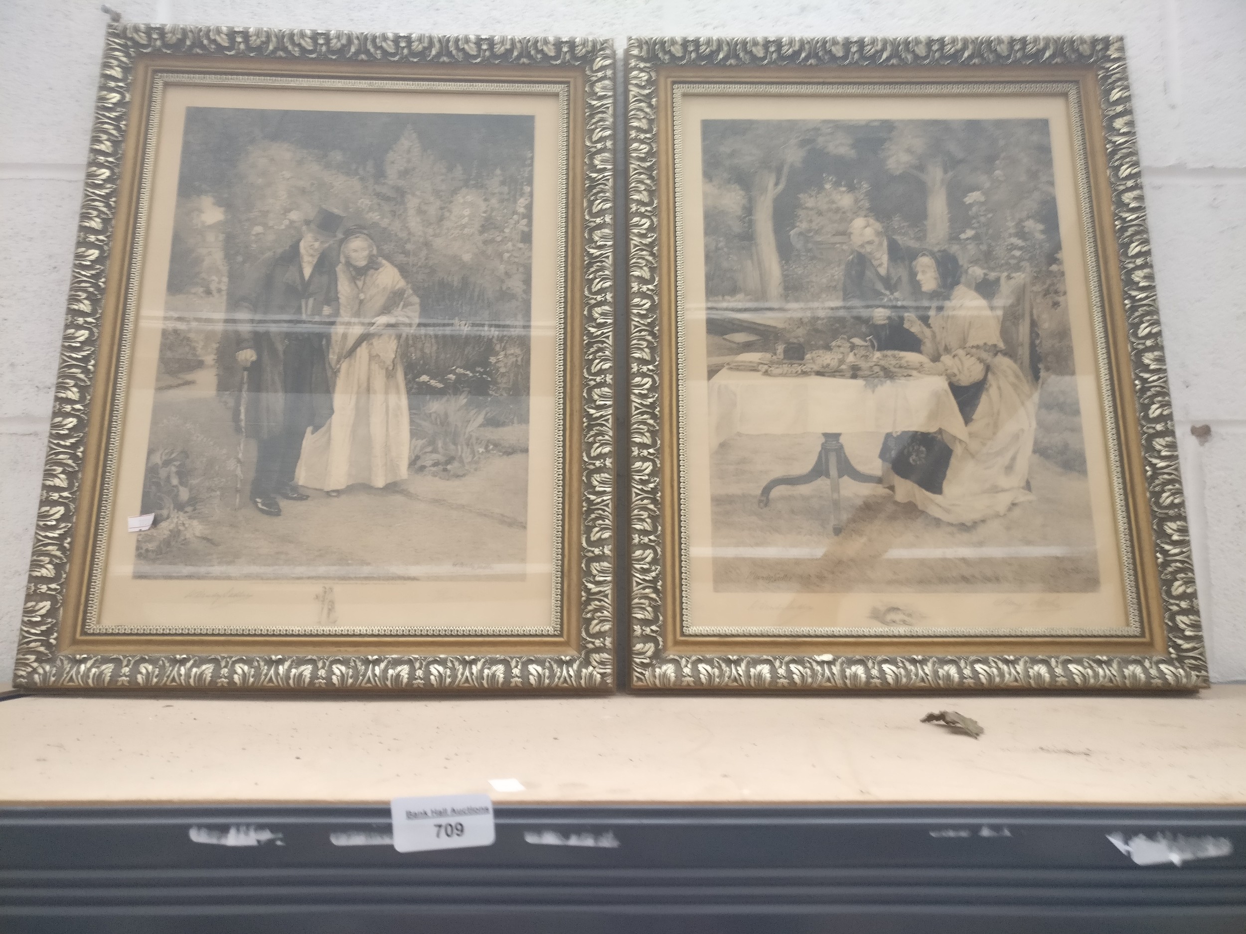 Two pencil signed antique framed engravings by W. Dendy Sadler in gilt frames