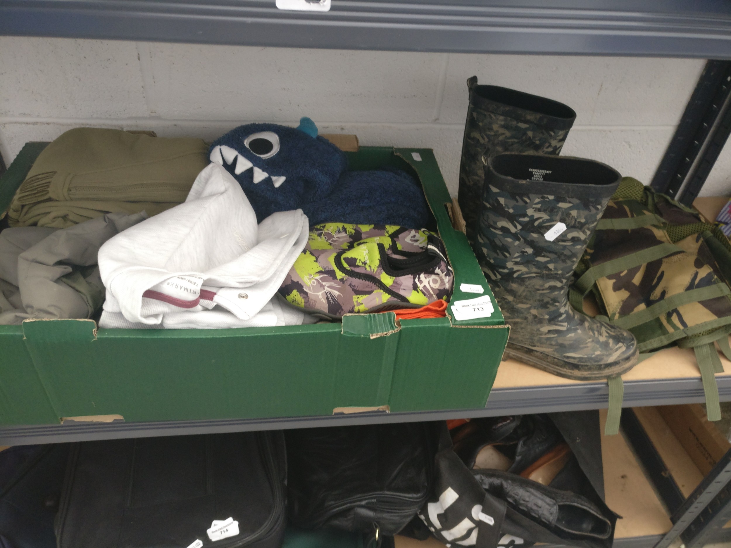Box inc boys clothing age 7-8, wellies ect