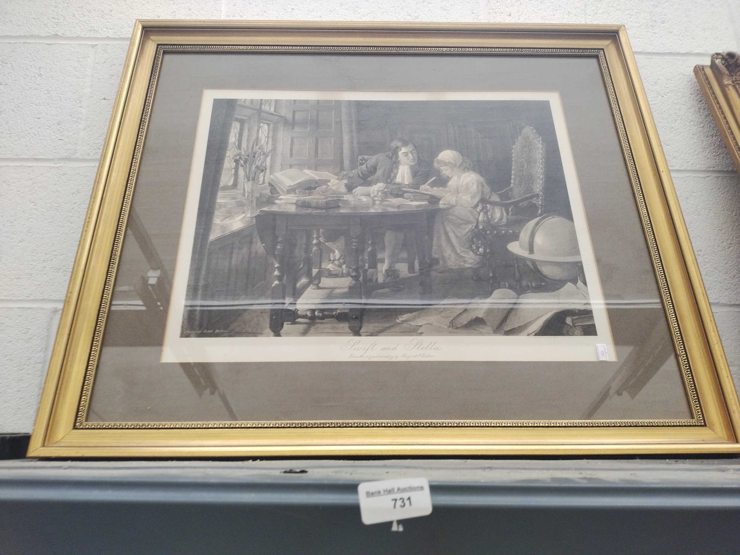 Antique engraving entitled "Swift & Stella" in gilt frame