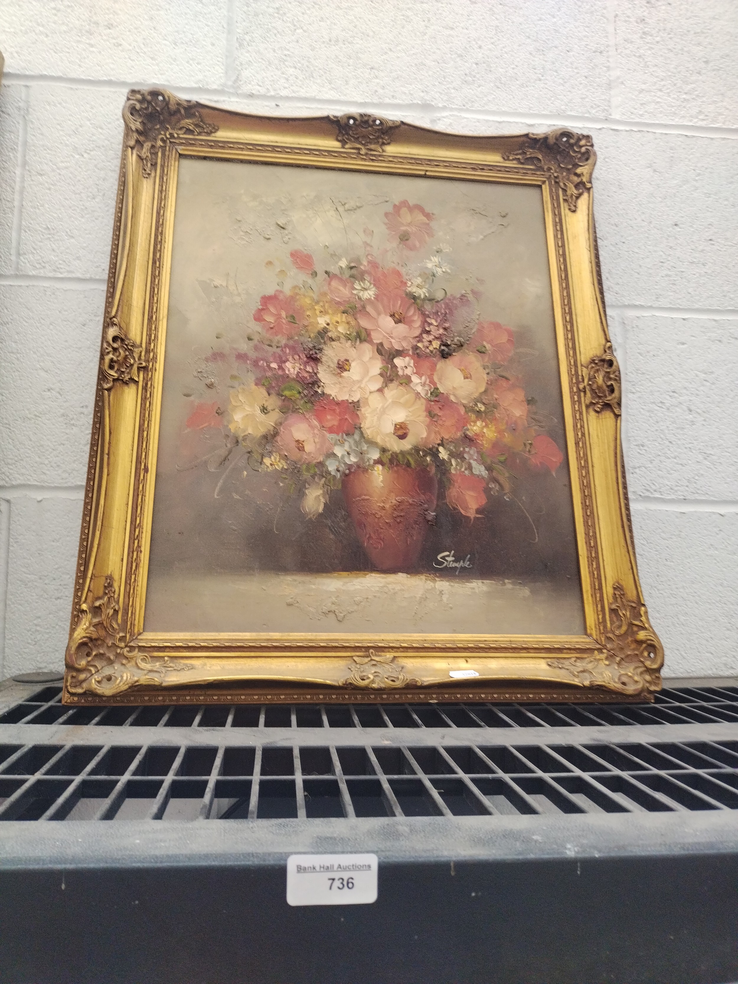 Oil on canvas still life painting signed S. Temple in gilt frame