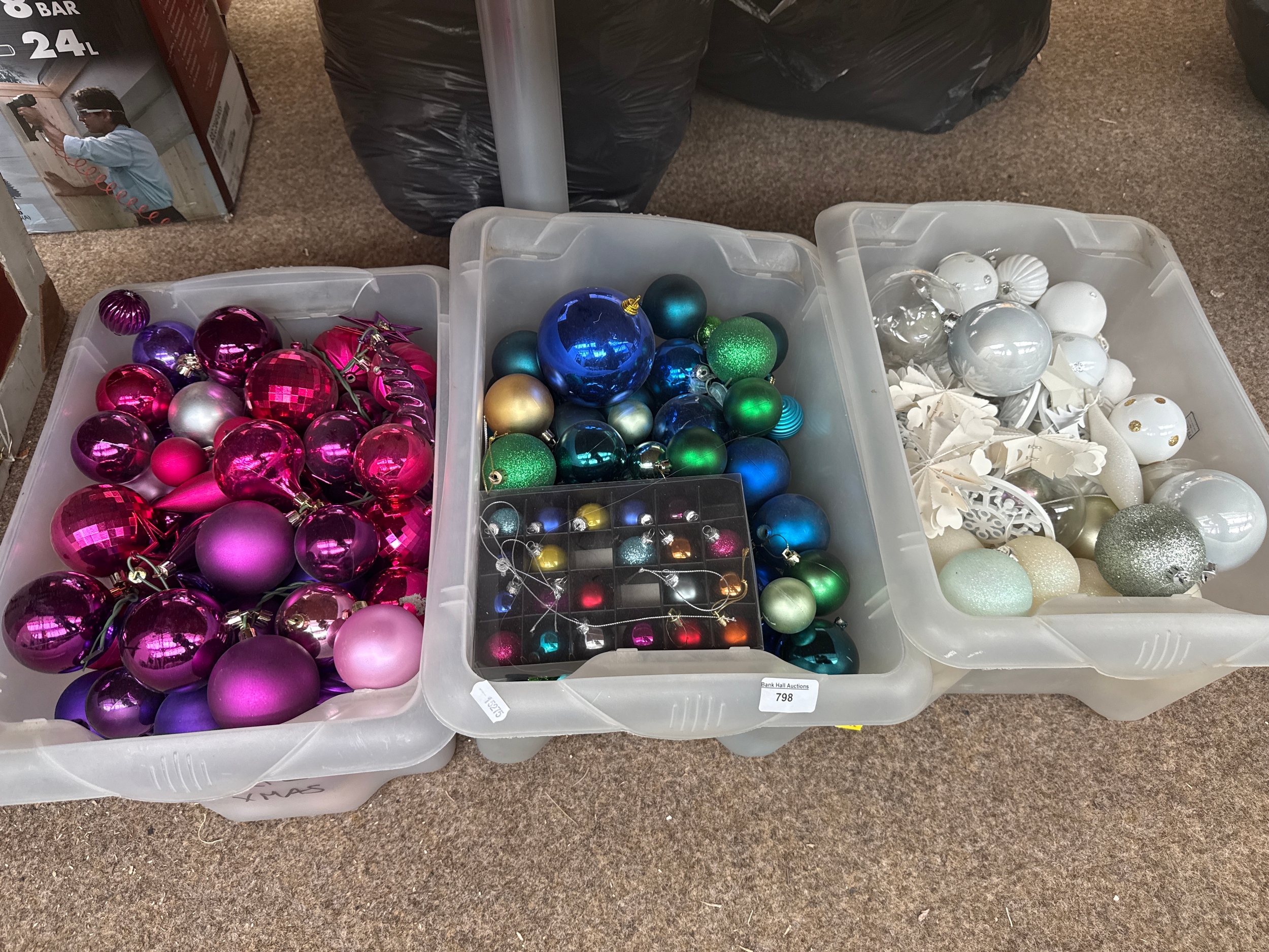 Three boxes of Christmas baubles