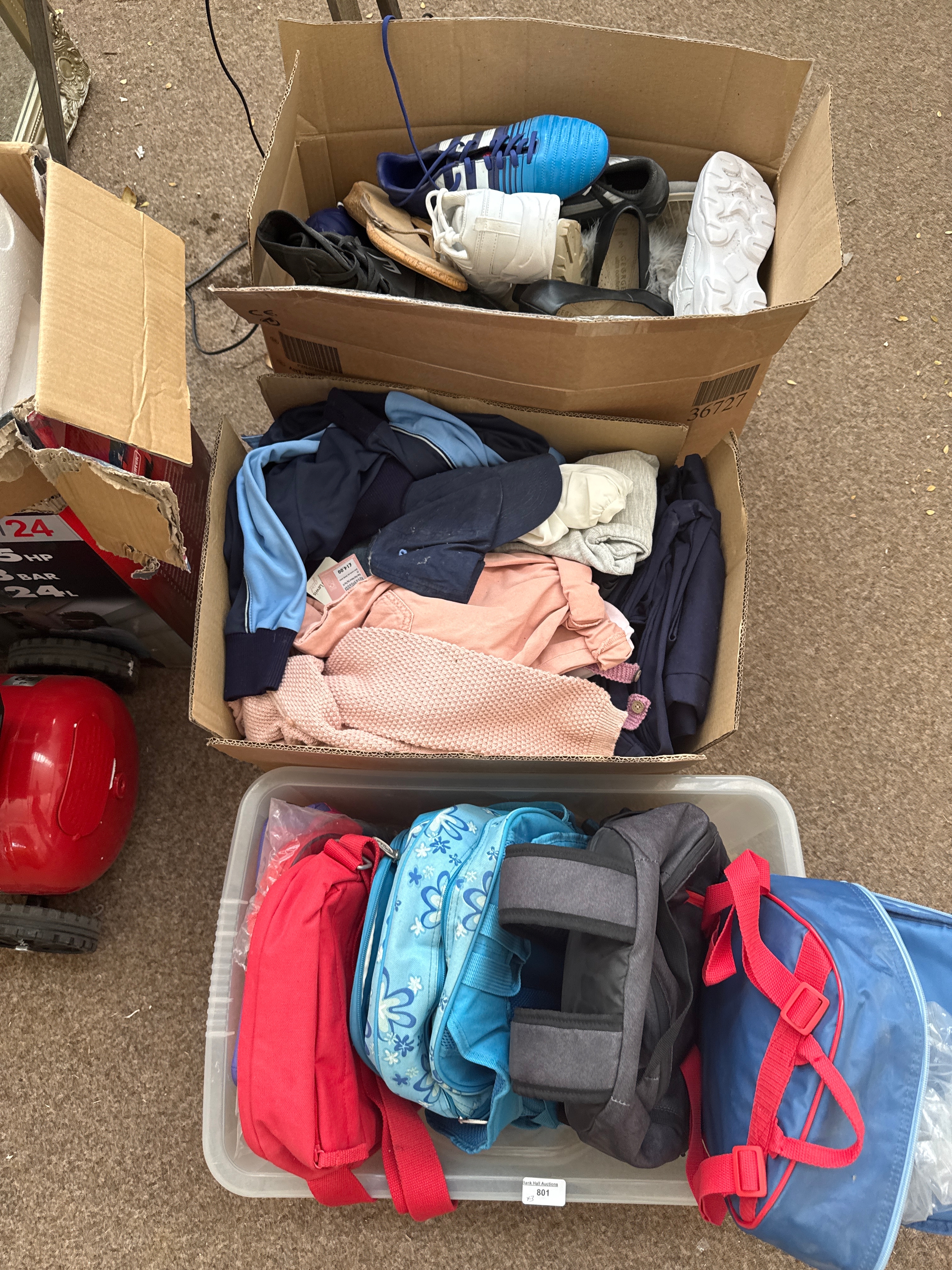 Three boxes of clothing, shoes and bags