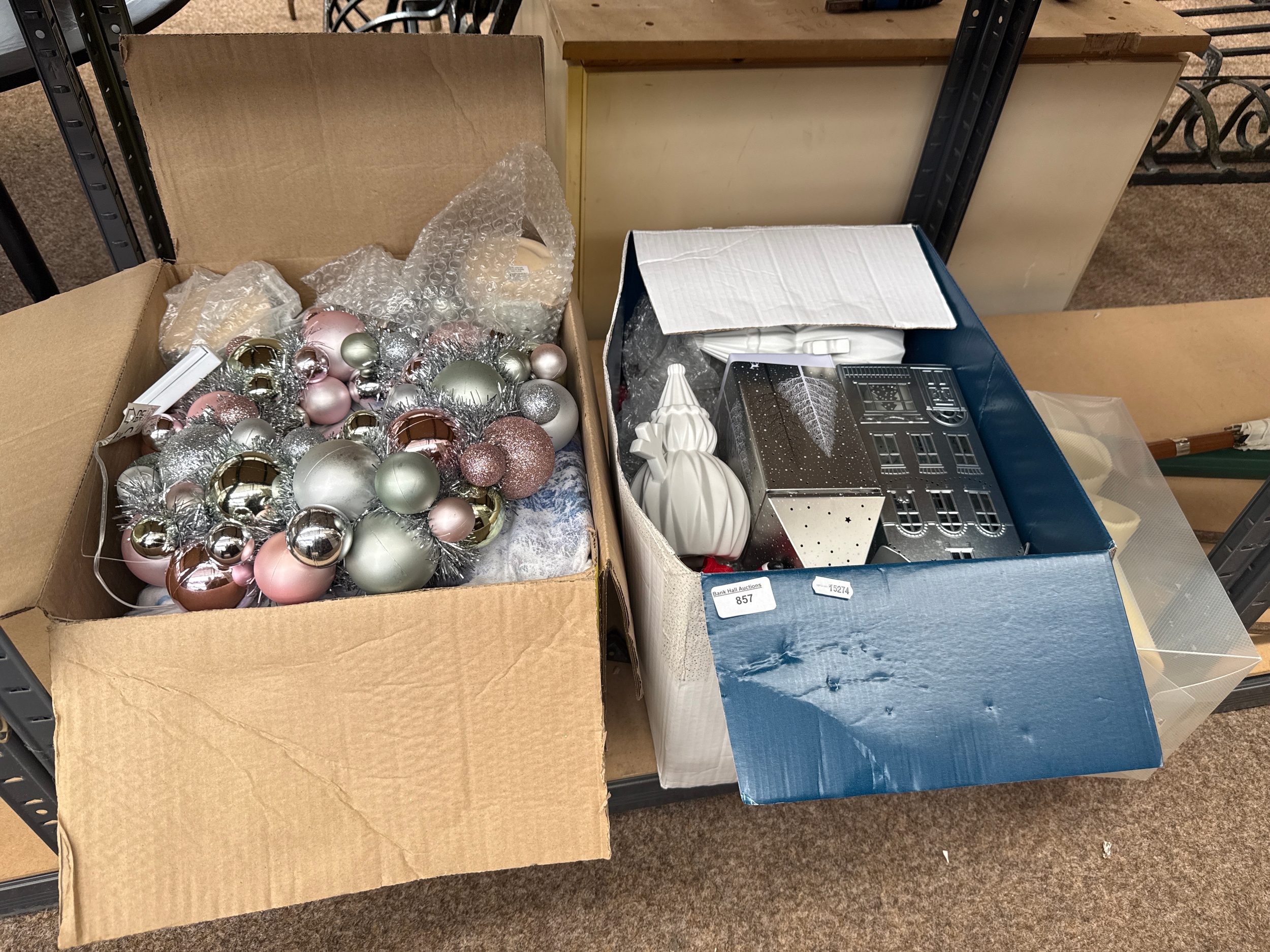 Two boxes of Christmas decorations