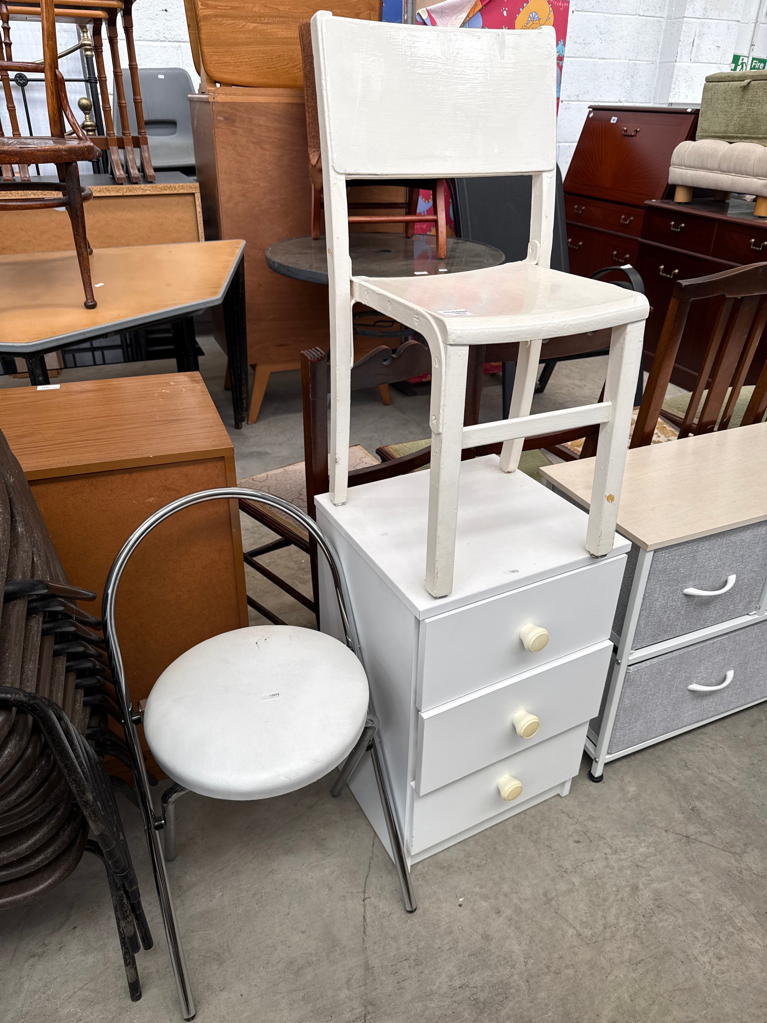 A small 3 drawer chest, a child's chair and a folding stool