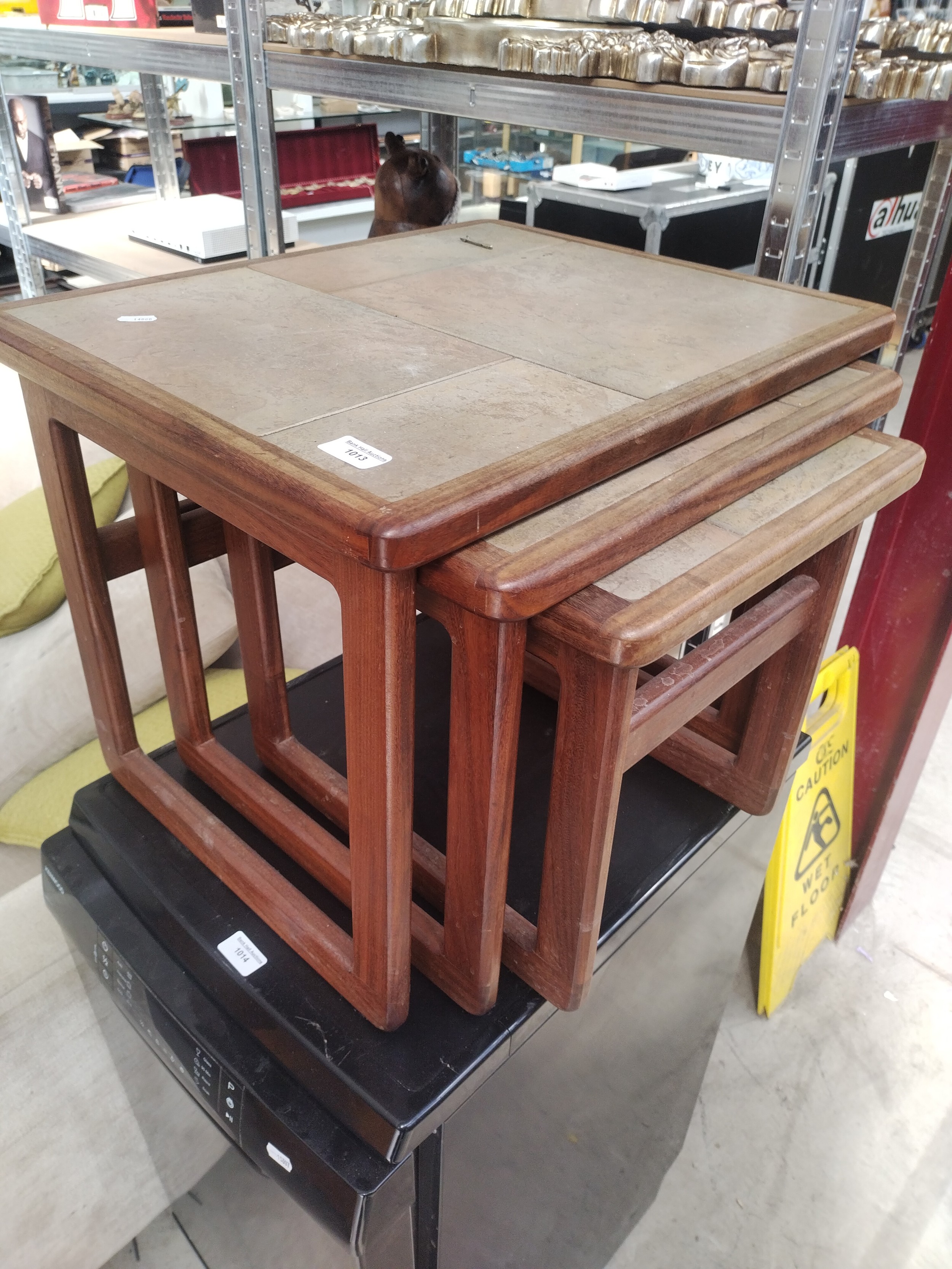 A nest of 3 x retro teak tile topped occasional tables