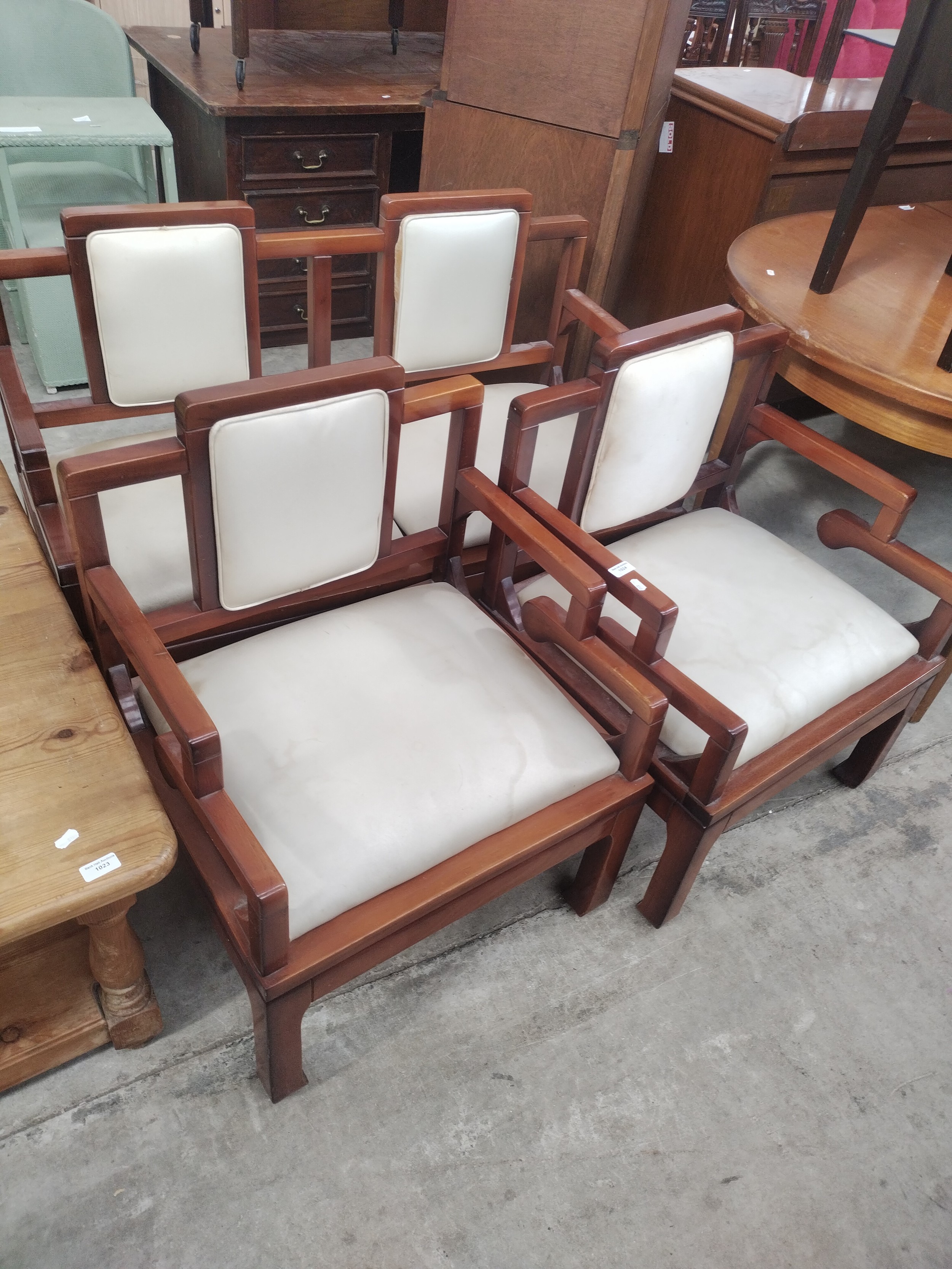 A hardwood framed 2 seater bench seat and 2 x matching chairs