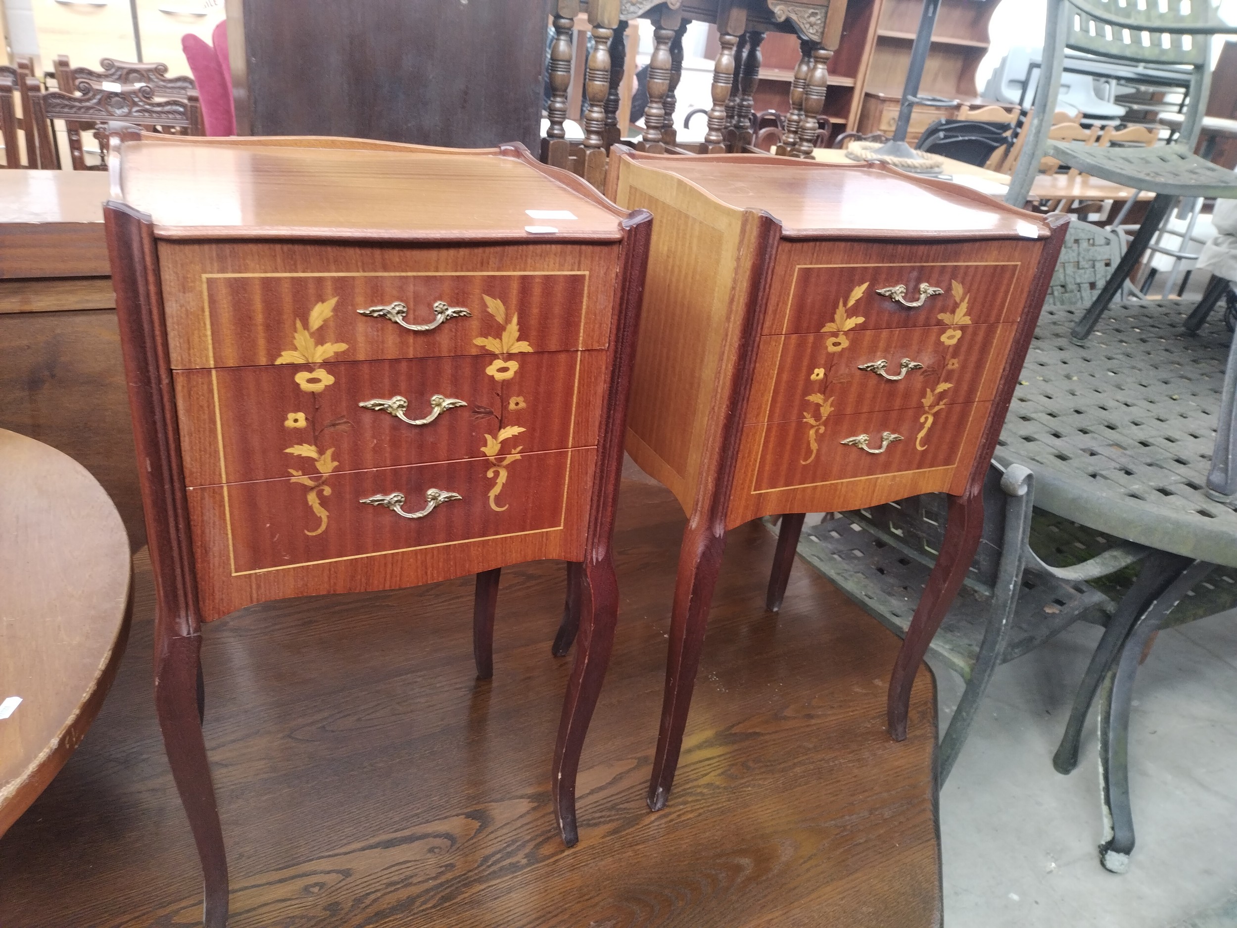 A pair of small vintage inlaid 3 drawer lamp table stands