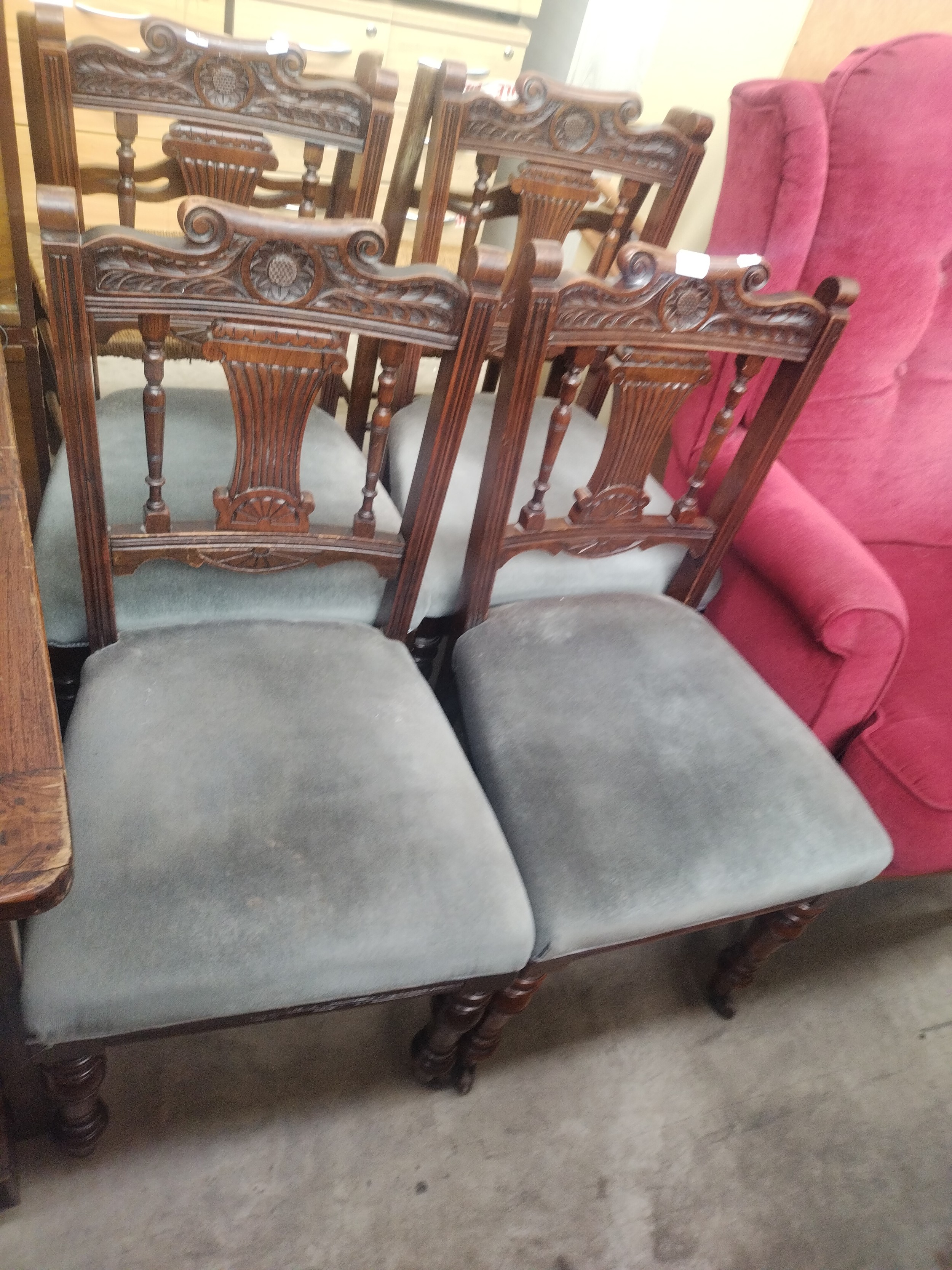 A set of 4 x vintage carved dining chairs with upholstered seats