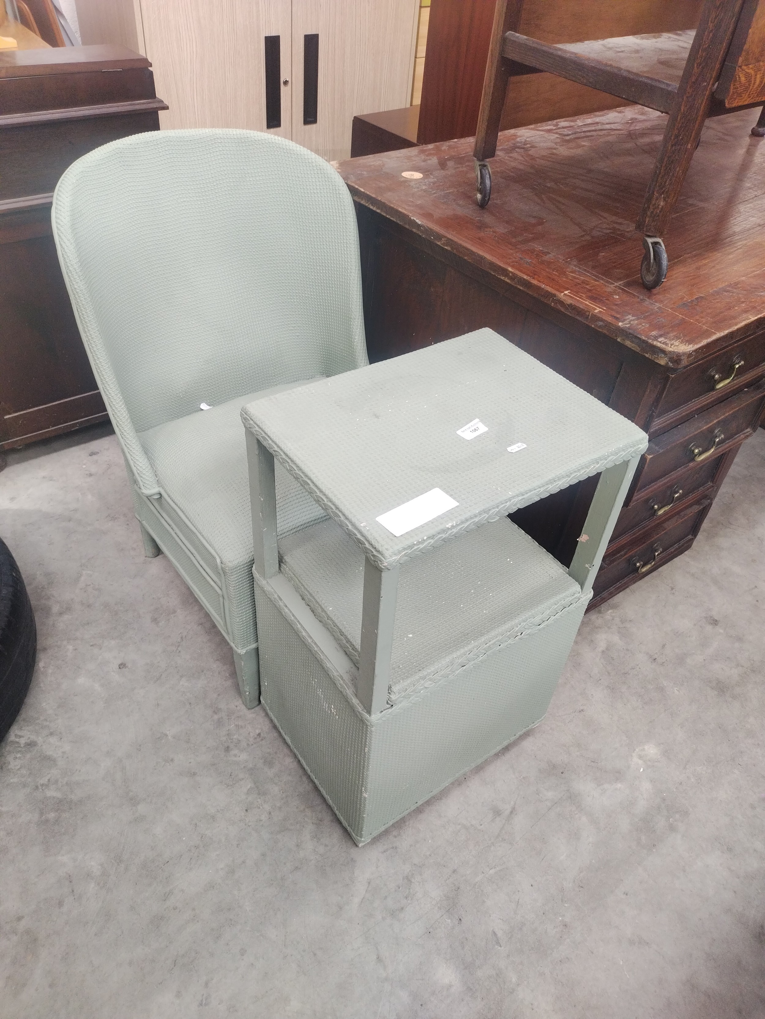 A painted vintage woven bathroom linen box stand and a matching chair
