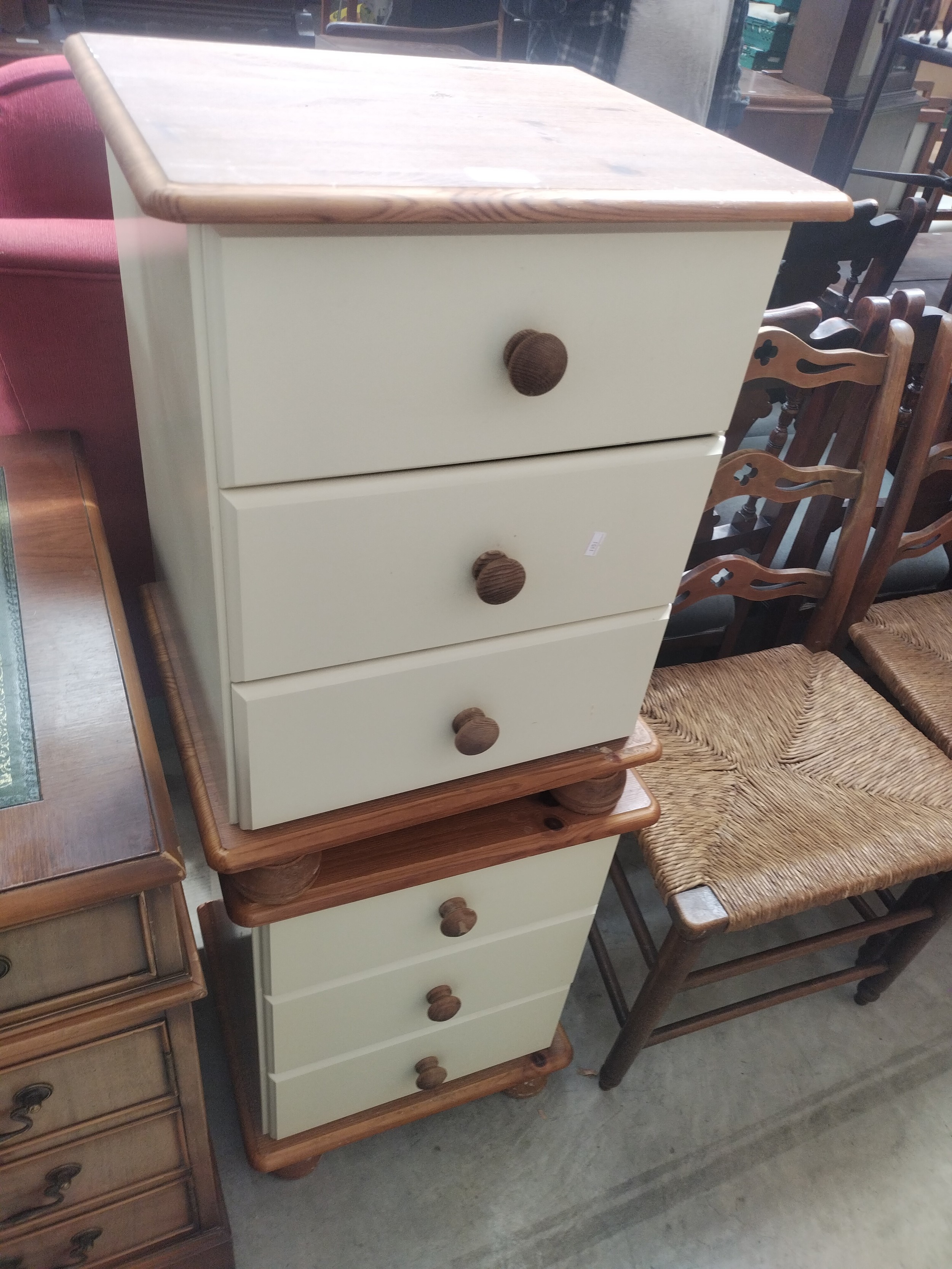 A pair of part painted pine 3 drawer bedside chests