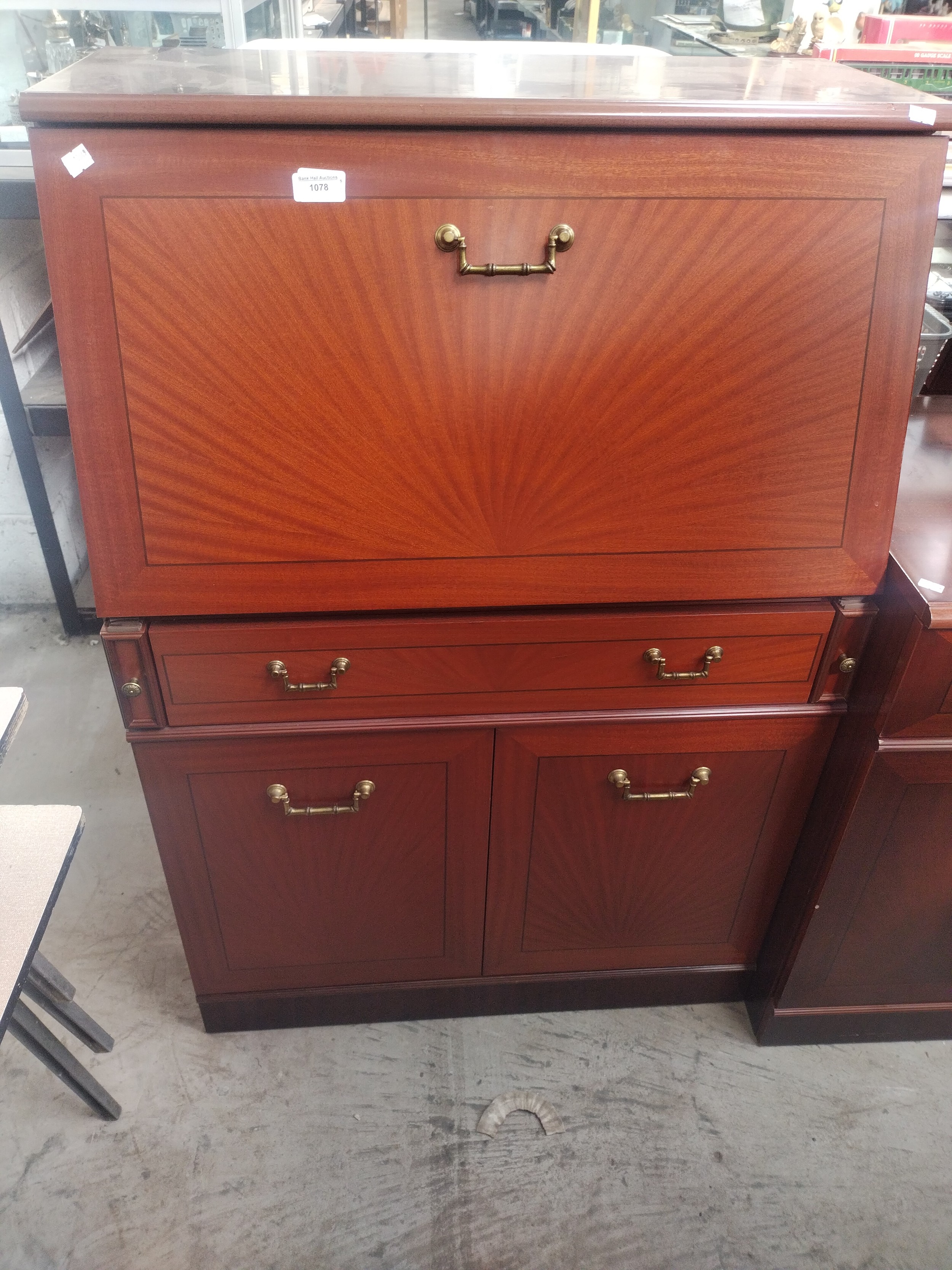 A retro mahogany fall front bureau with drawer
